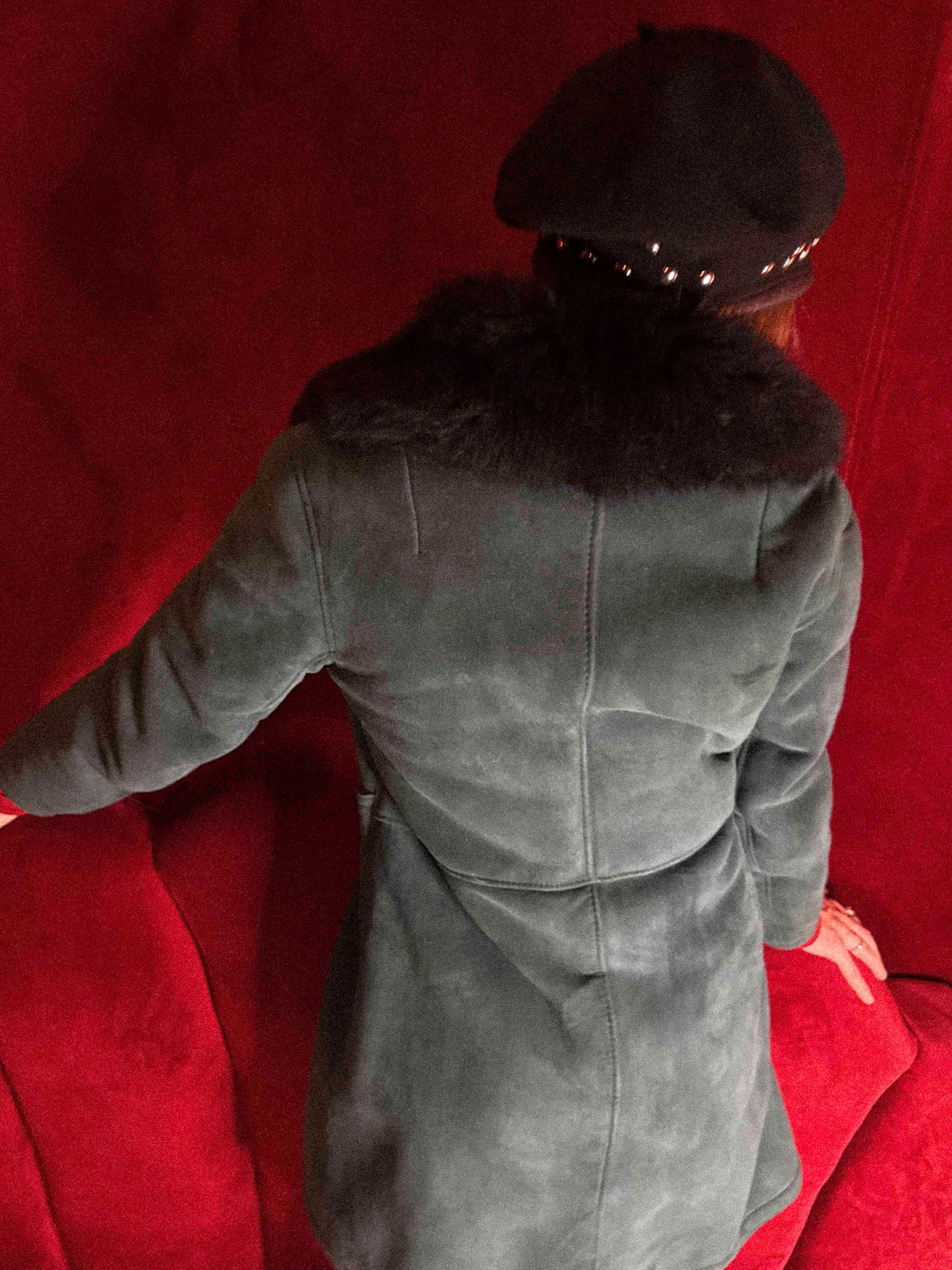 1970s Teal Green Shearling Penny Lane Trench Coat with Black Fur Collar – Soft Suede &amp; Ornamental Buttons