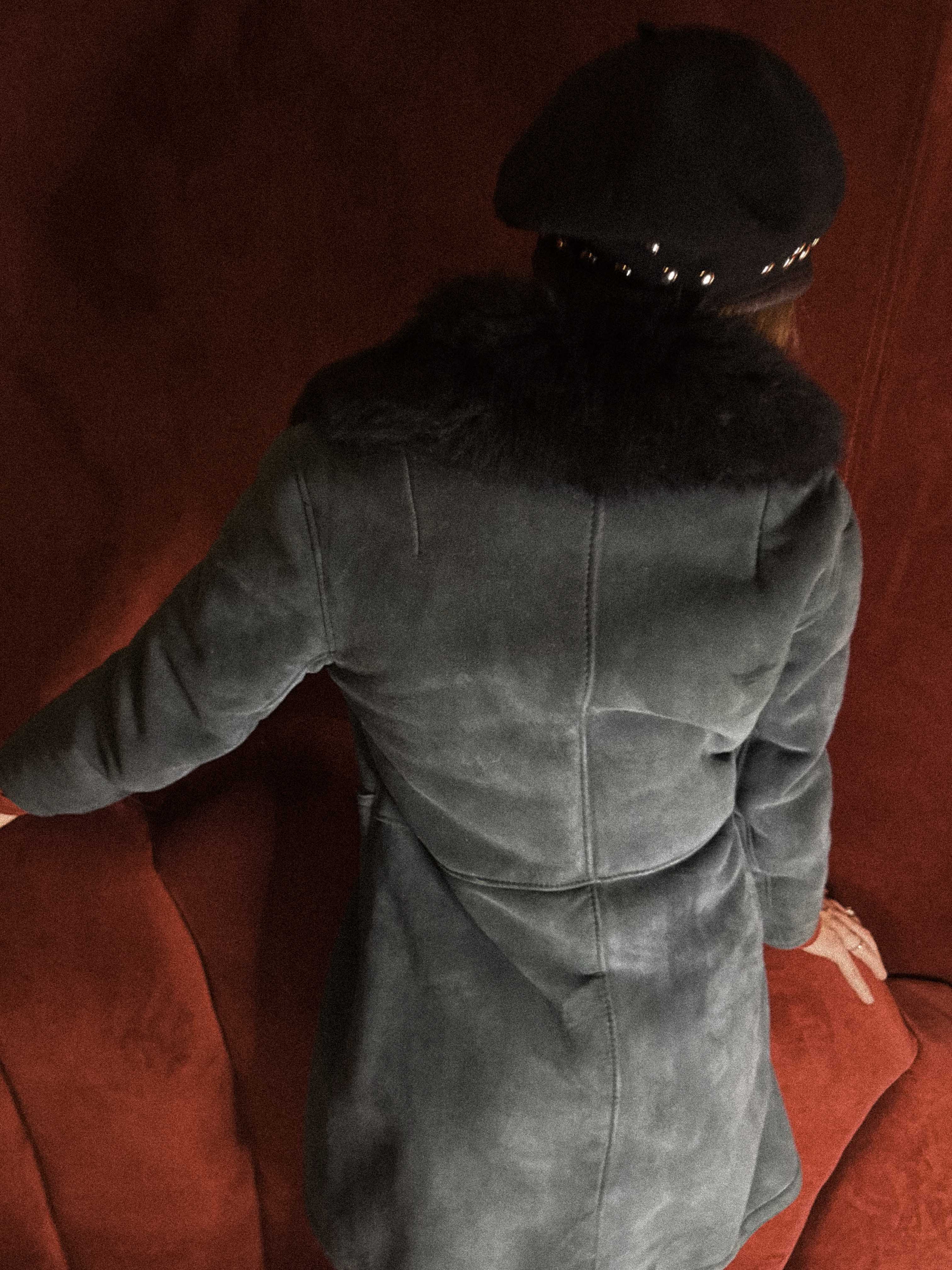 1970s Teal Green Shearling Penny Lane Trench Coat with Black Fur Collar – Soft Suede &amp; Ornamental Buttons
