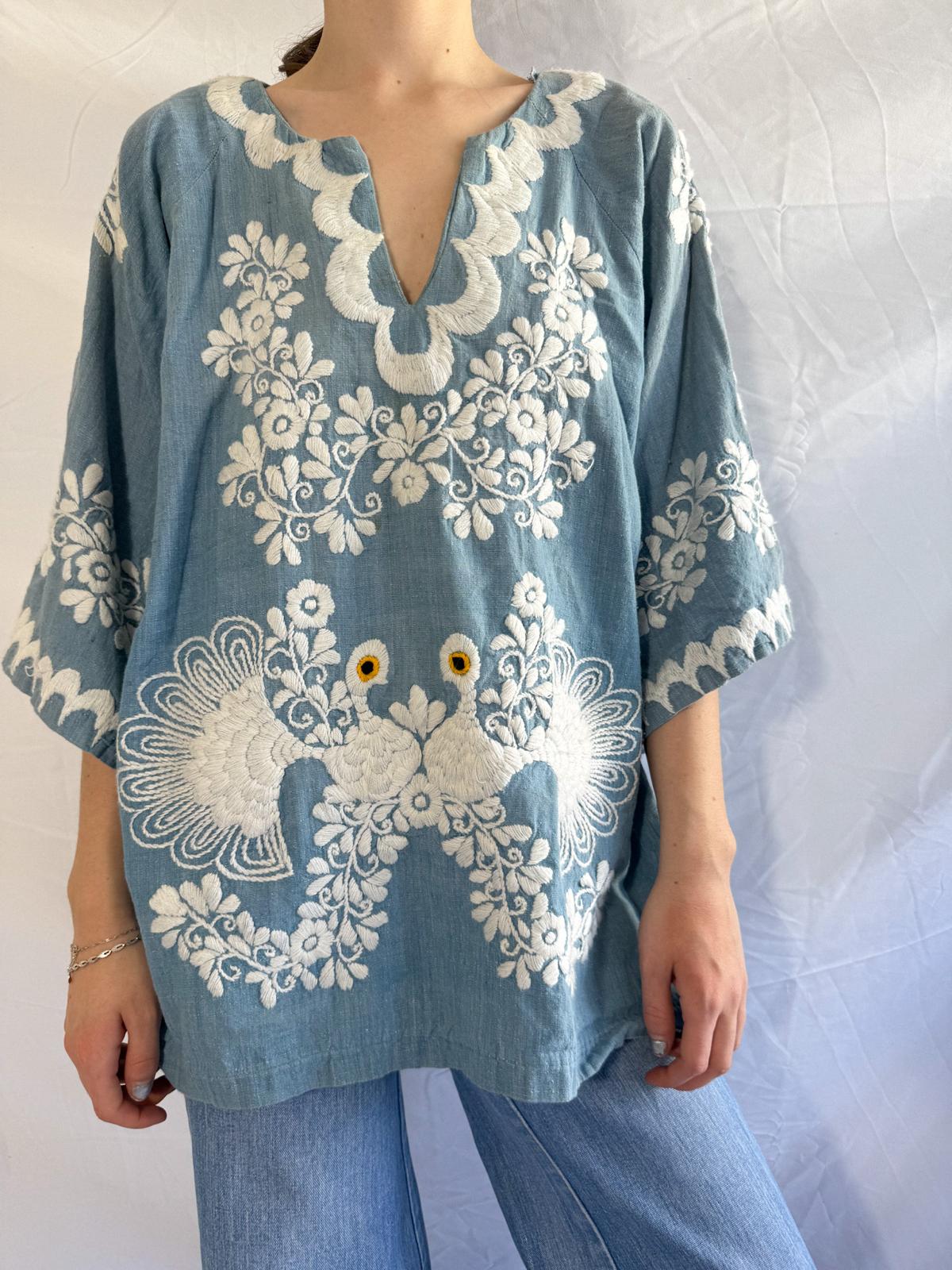 1970s Embroidered Chambray Mexican Tunic Top