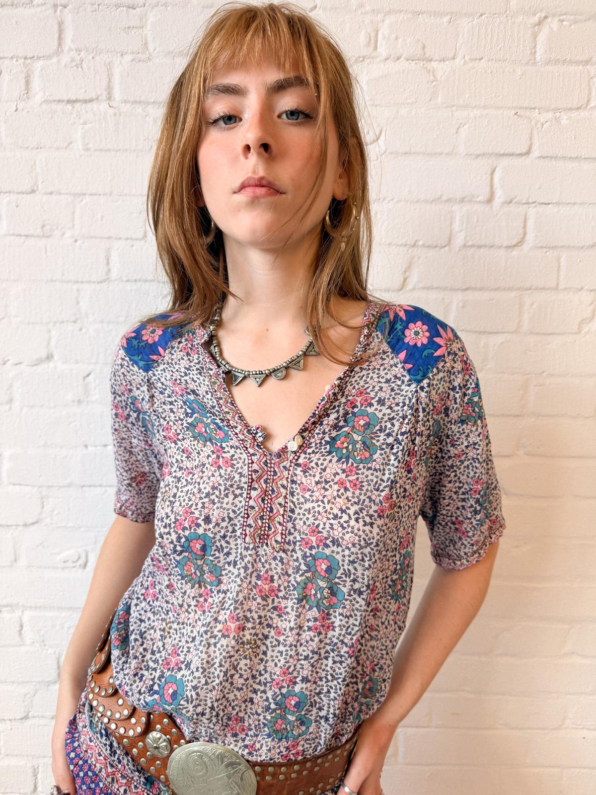 Vintage Late 1970s Adini Indian Cotton Floral Tiered Midi Dress