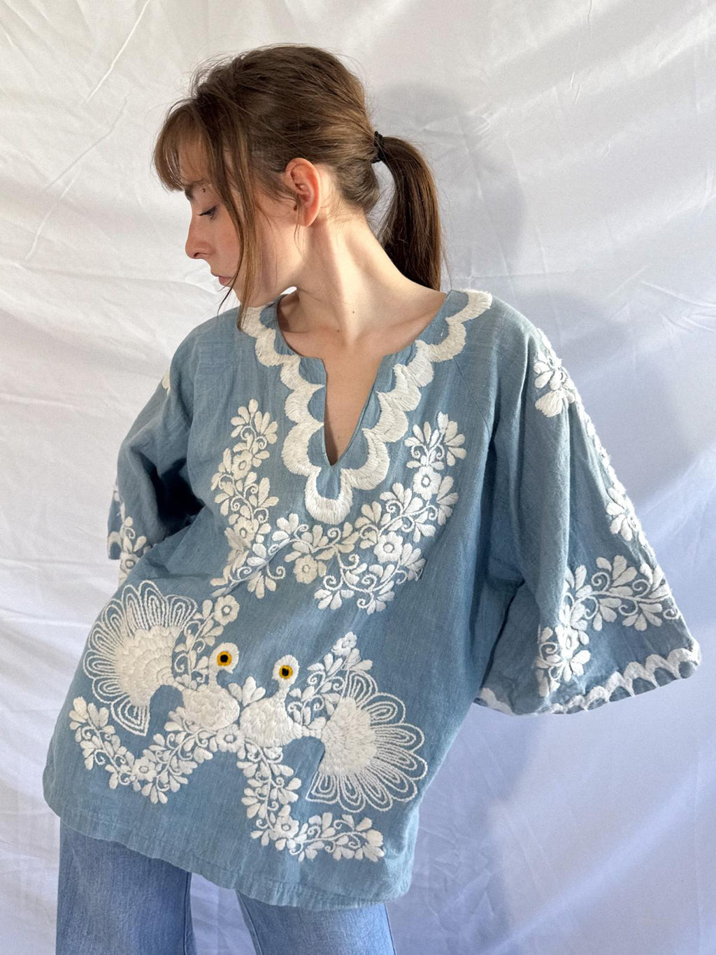 1970s Embroidered Chambray Mexican Tunic Top