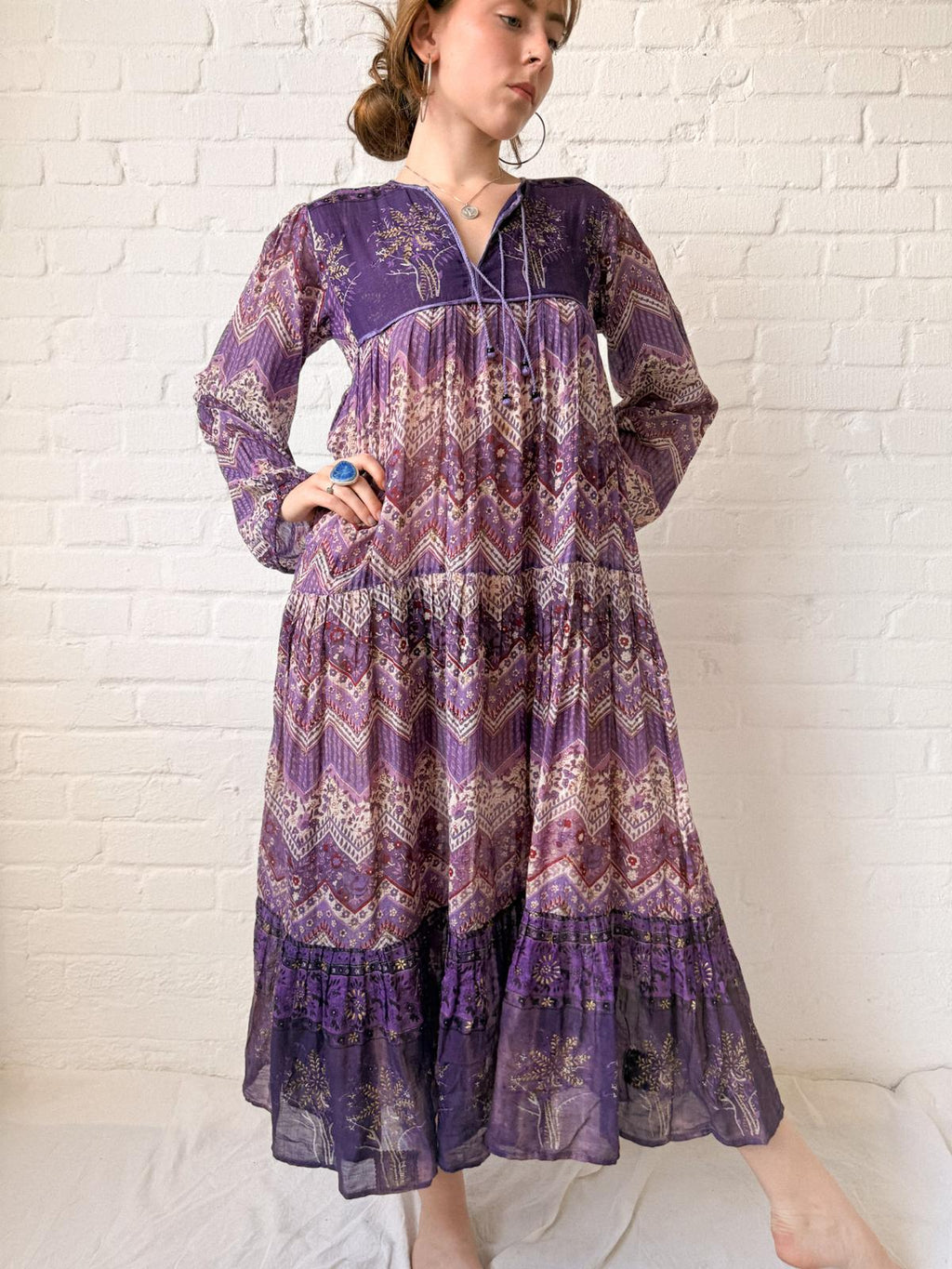 1970s Indian Cotton Gauze Maxi Dress with Tree Print and Gold Stamped Details