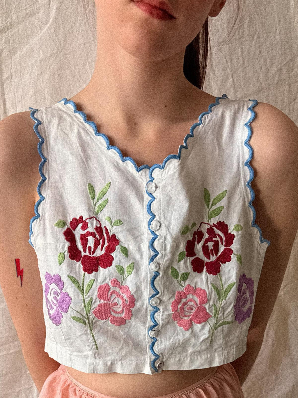 Antique to Early Vintage Embroidered Folk Bodice / Cotton Corset Cover