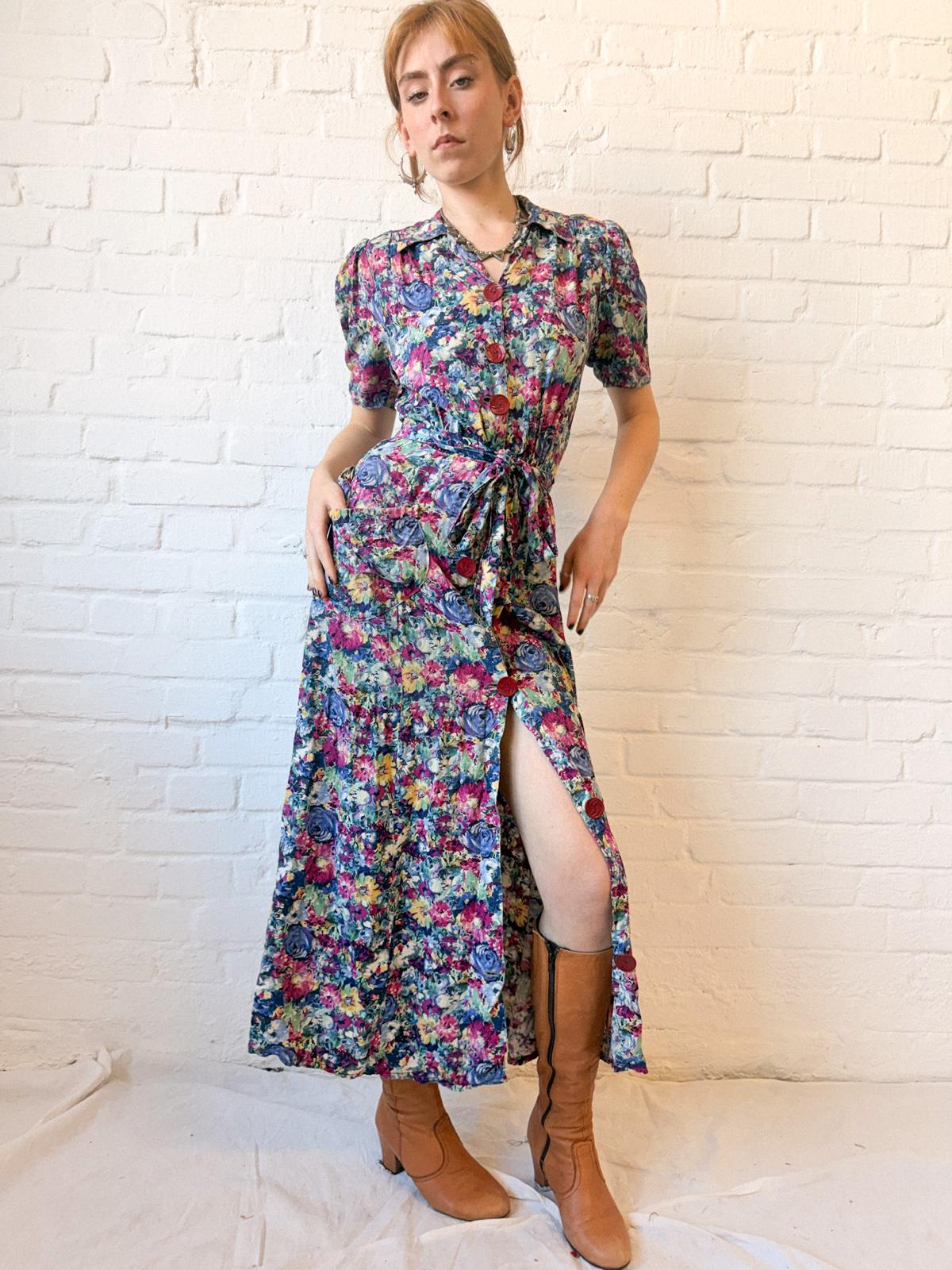 Rare 1940s Cotton Floral Maxi House / Tea Dress with Bakelite Buttons
