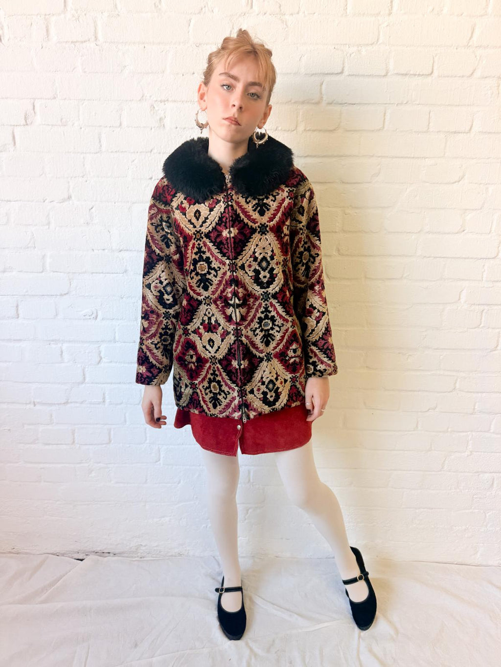 1960s Tapestry Chenille Ski Jacket with Faux Fur Collar