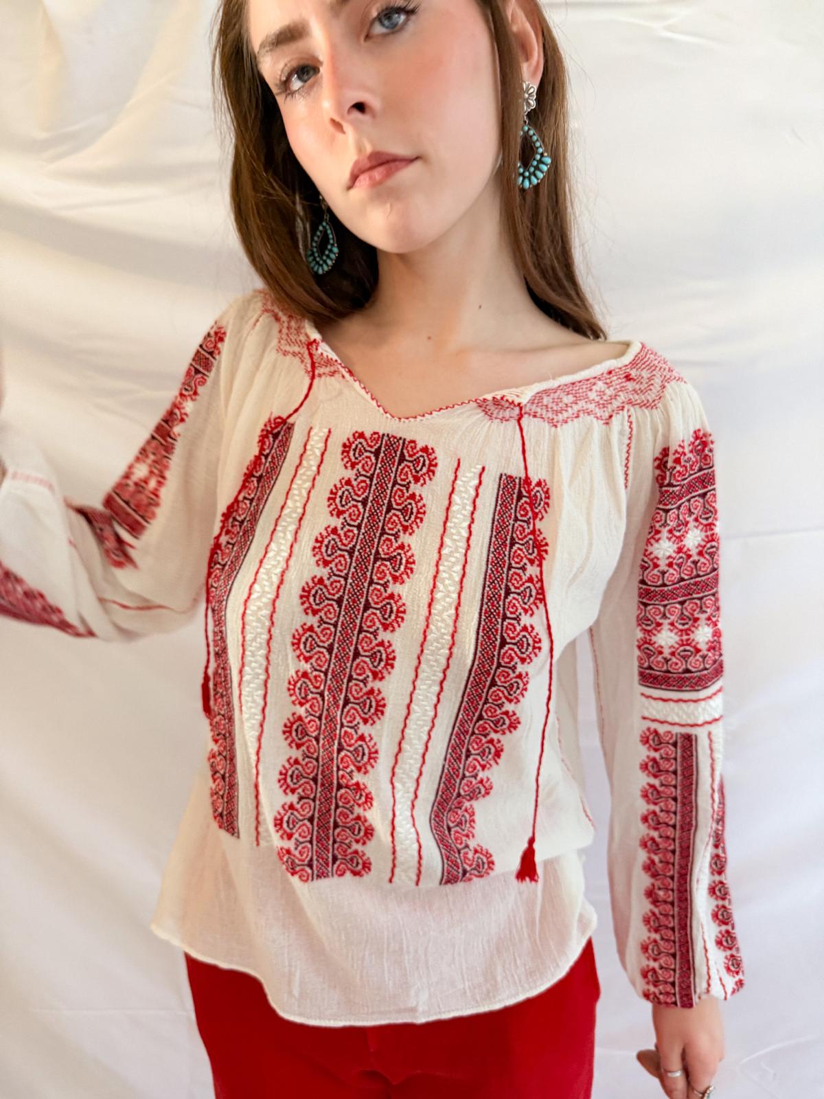 1940s Eastern European Embroidered Blouse in Red and Cream Cheesecloth