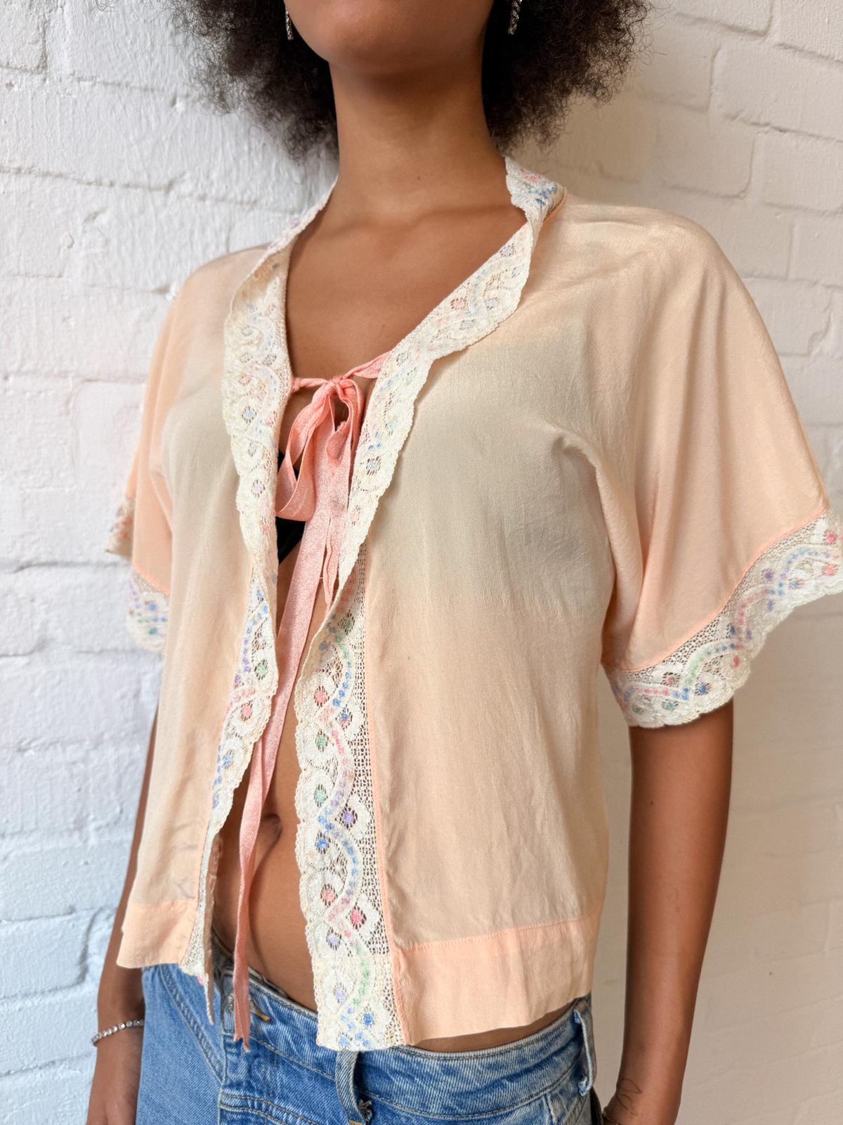 1940s Peach Silk Bed Jacket with Pastel Floral Lace