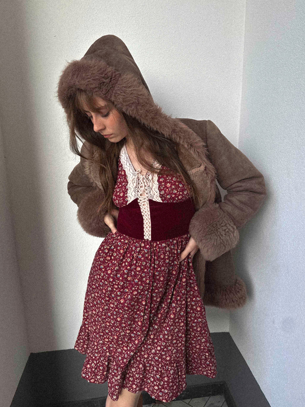 1970s Gunne Sax Prairie Dress in Burgundy Floral Cotton with Velvet Bodice