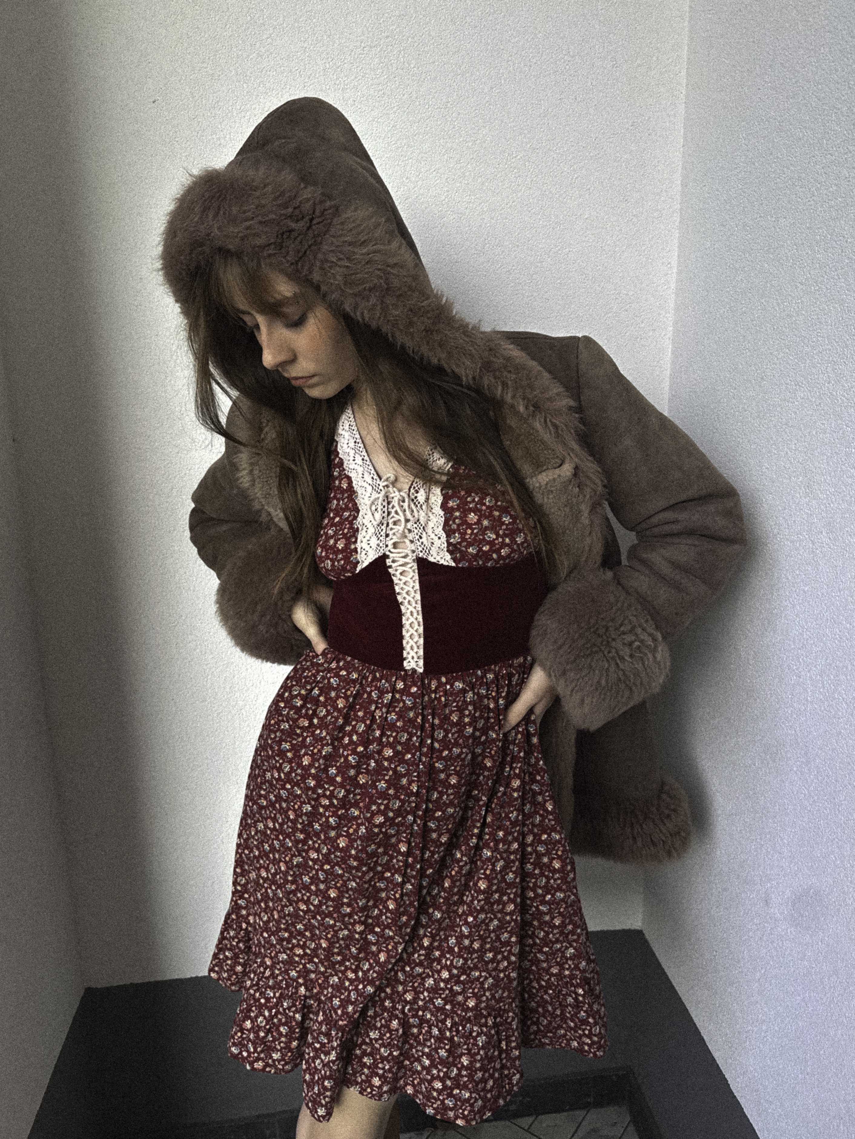 1970s Gunne Sax Prairie Dress in Burgundy Floral Cotton with Velvet Bodice