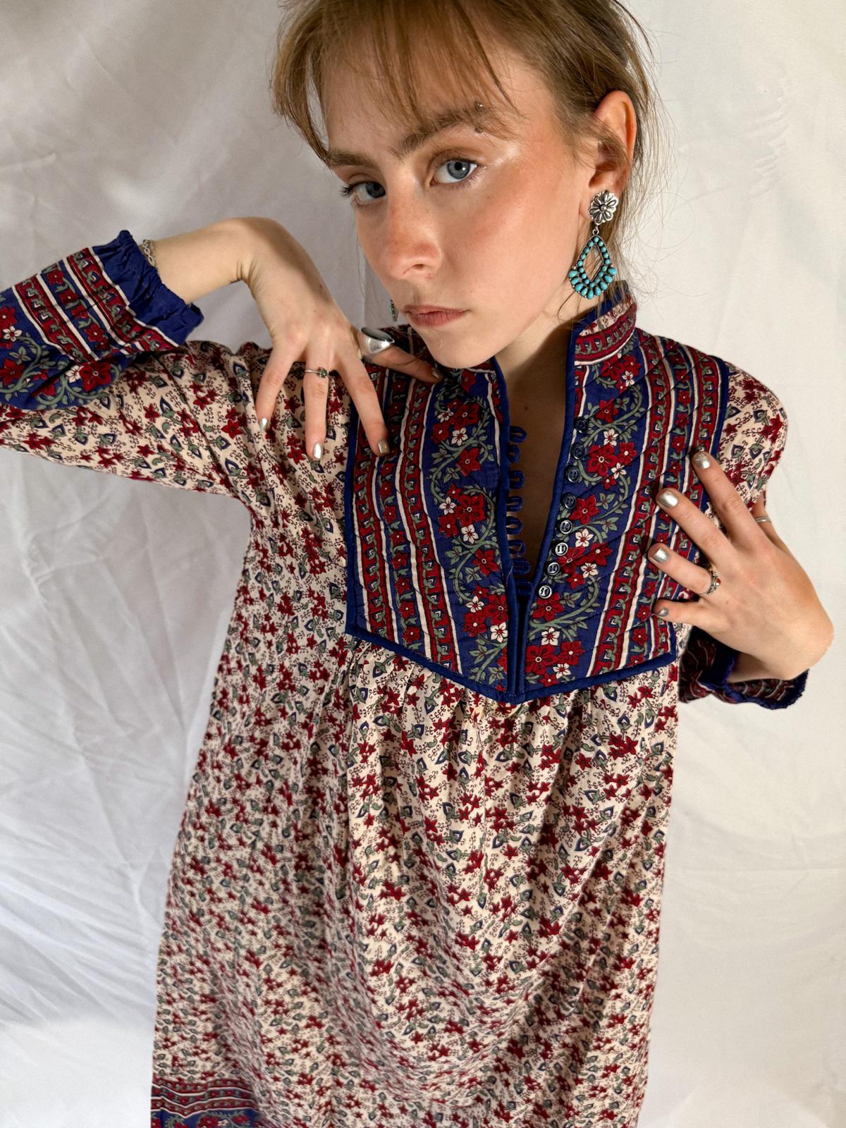 1970s-80s Blockprint Cotton Dress with Quilted Yoke