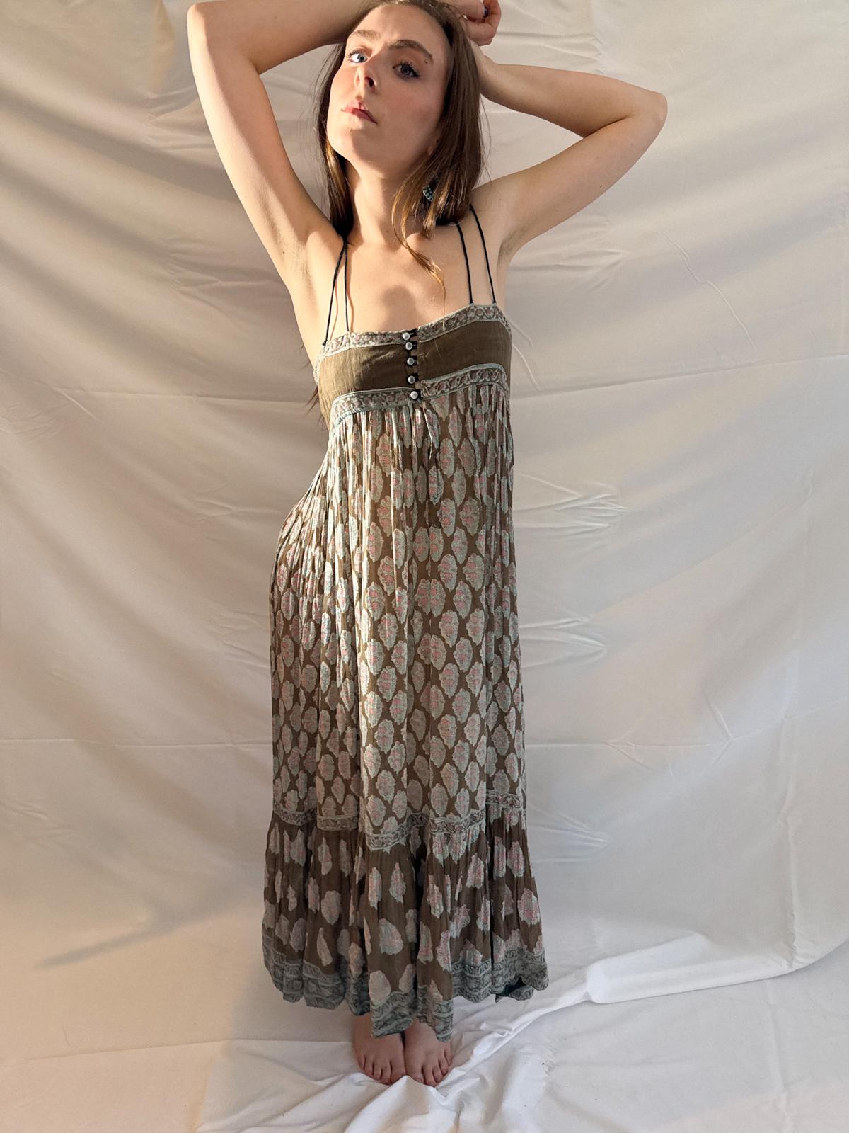 Indian Cotton Gauze Double Strap Sundress – Rare 1970s Block Print Dress