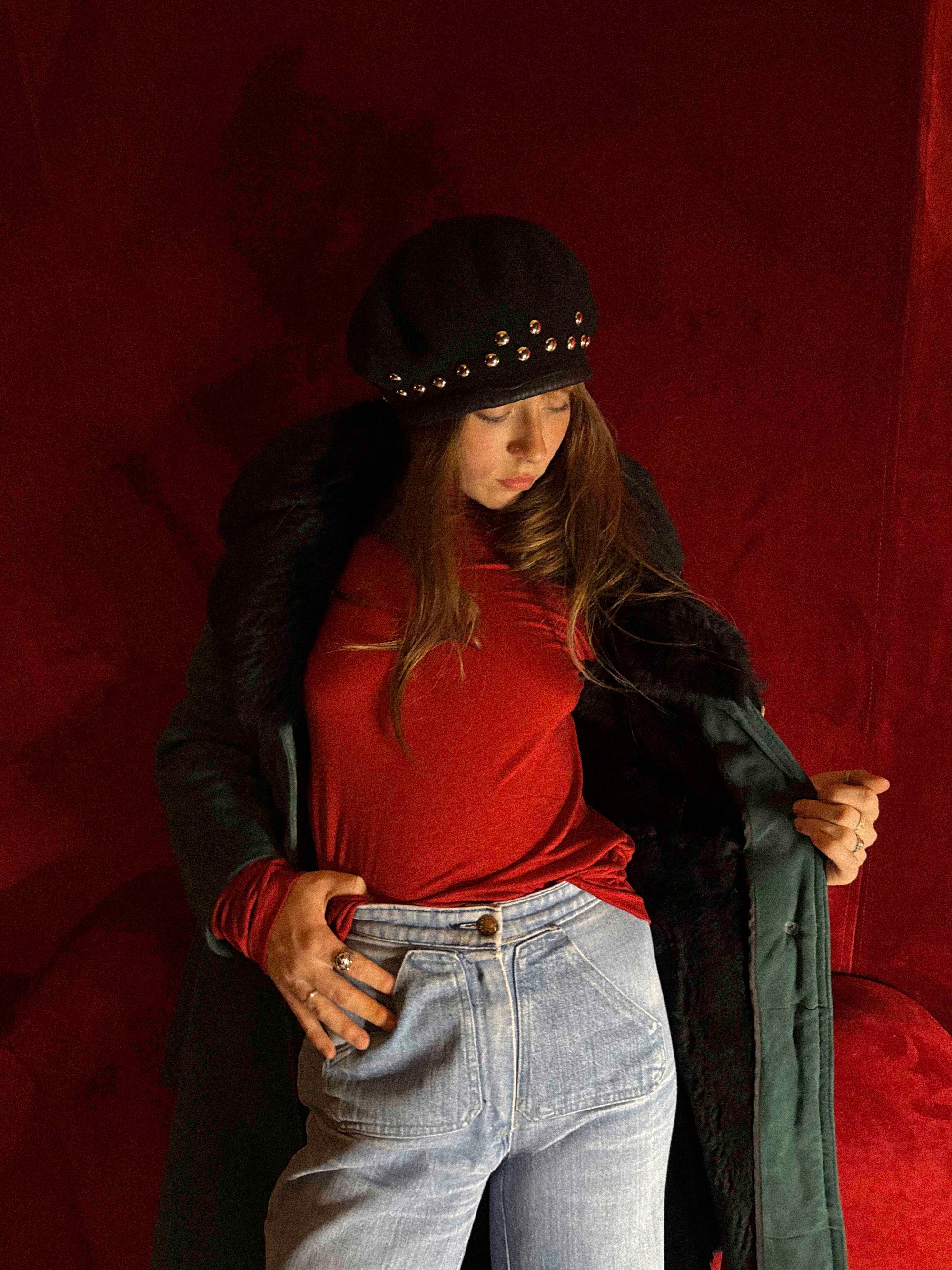 1970s Teal Green Shearling Penny Lane Trench Coat with Black Fur Collar – Soft Suede &amp; Ornamental Buttons