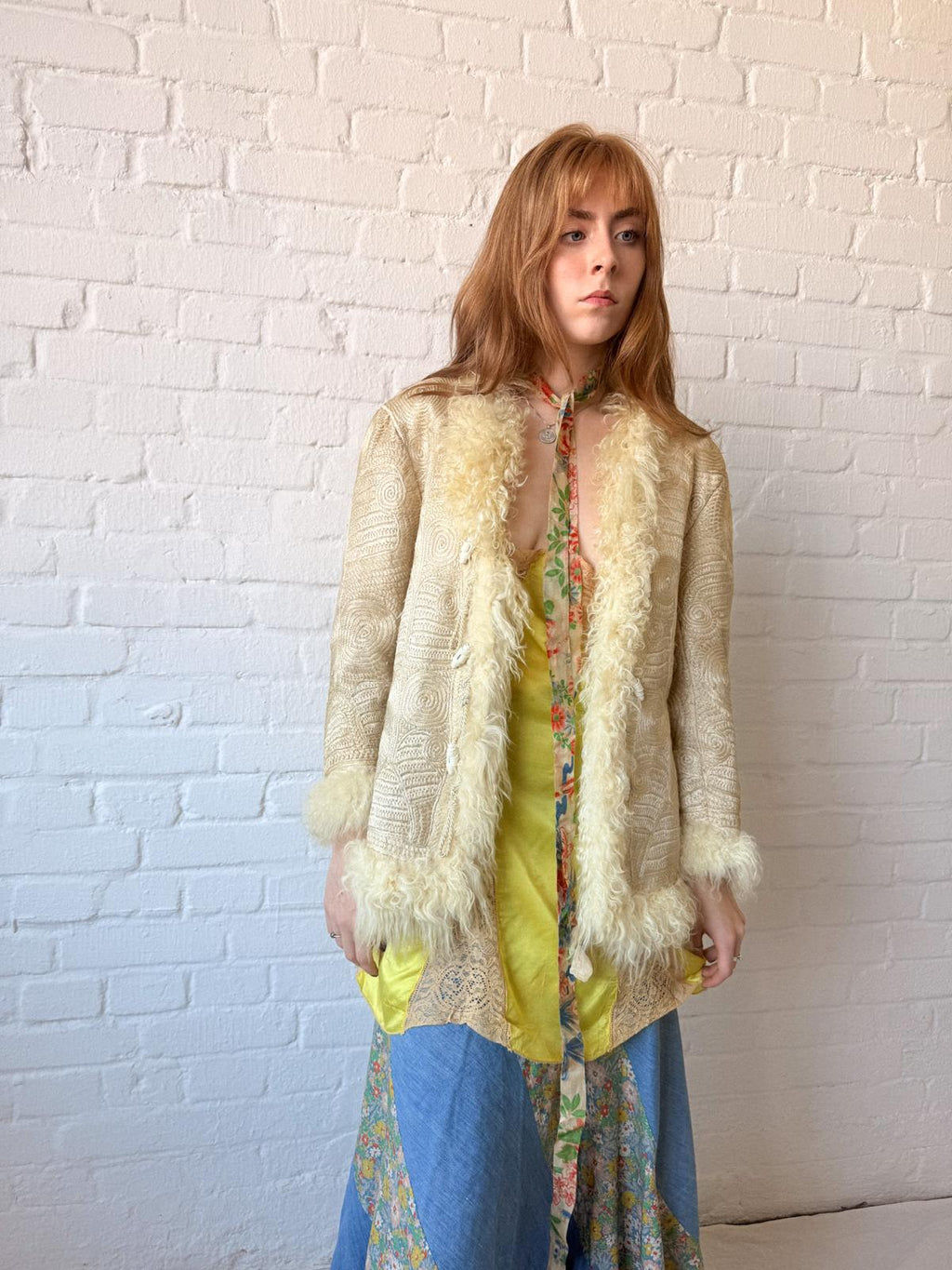 Rare 1960s–70s Fully Embroidered Afghan Style Shearling Jacket – Pearl Cream