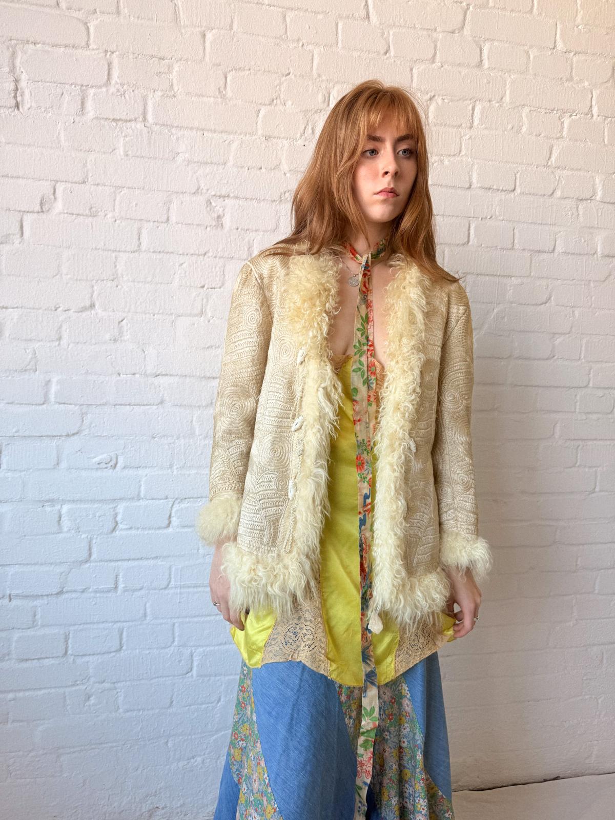Rare 1960s–70s Fully Embroidered Afghan Style Shearling Jacket – Pearl Cream