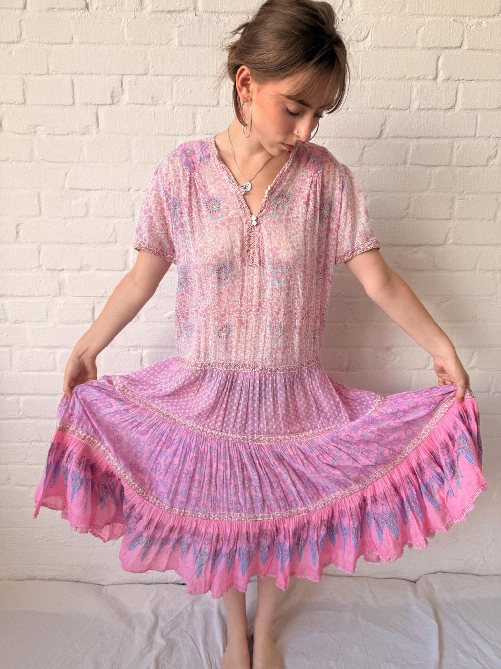 1970s Adini Indian Cotton Gauze Block Print Summer Dress