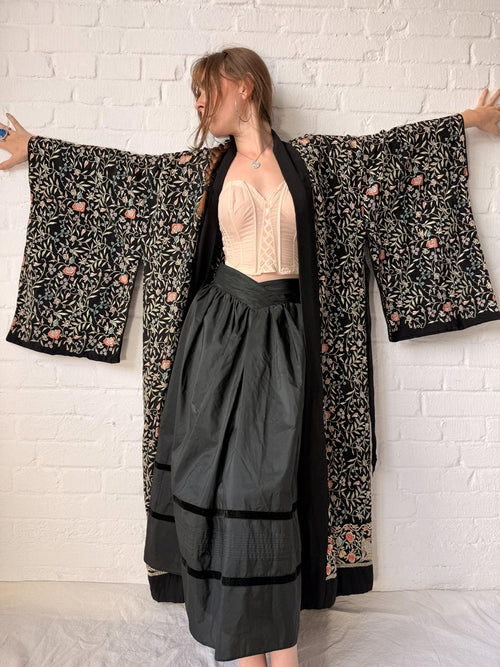 1920s Embroidered Peacock Hostess Kimono-Style Robe