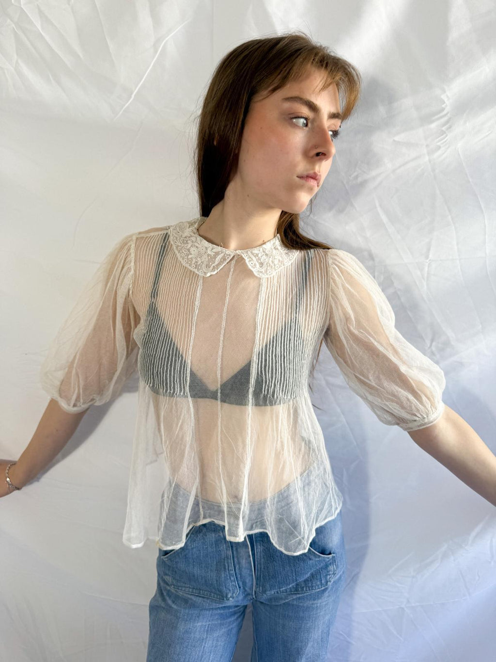 Edwardian / Early 1910s Sheer Tulle Blouse with Embroidered Collar