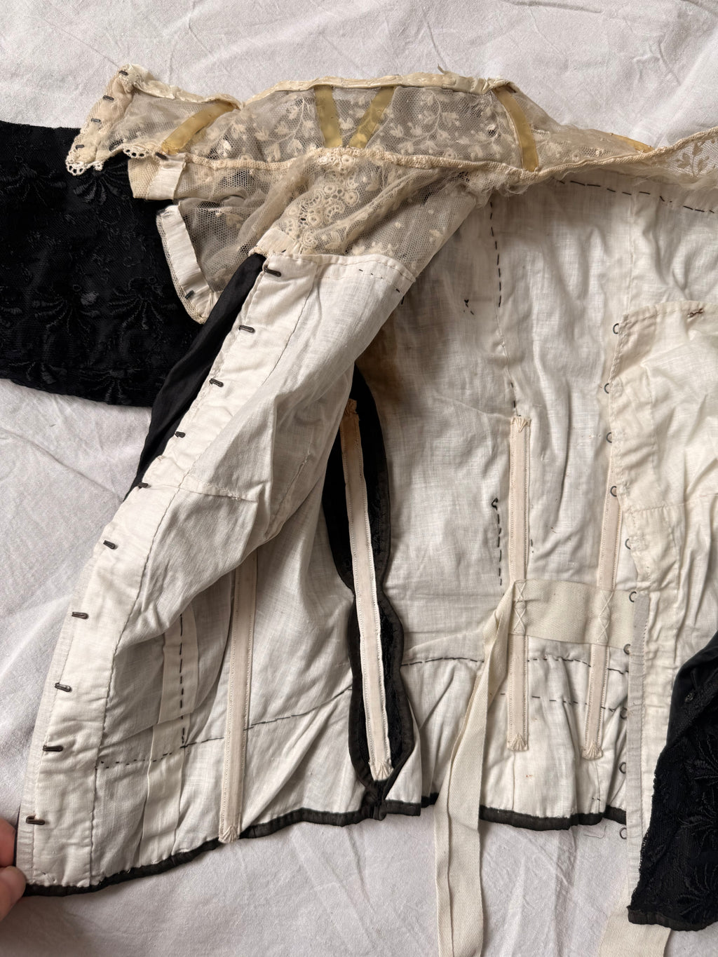 Victorian / Early Edwardian Black Silk & Lace Boned Bodice | Antique Embroidered Jacket | c. 1895–1910
