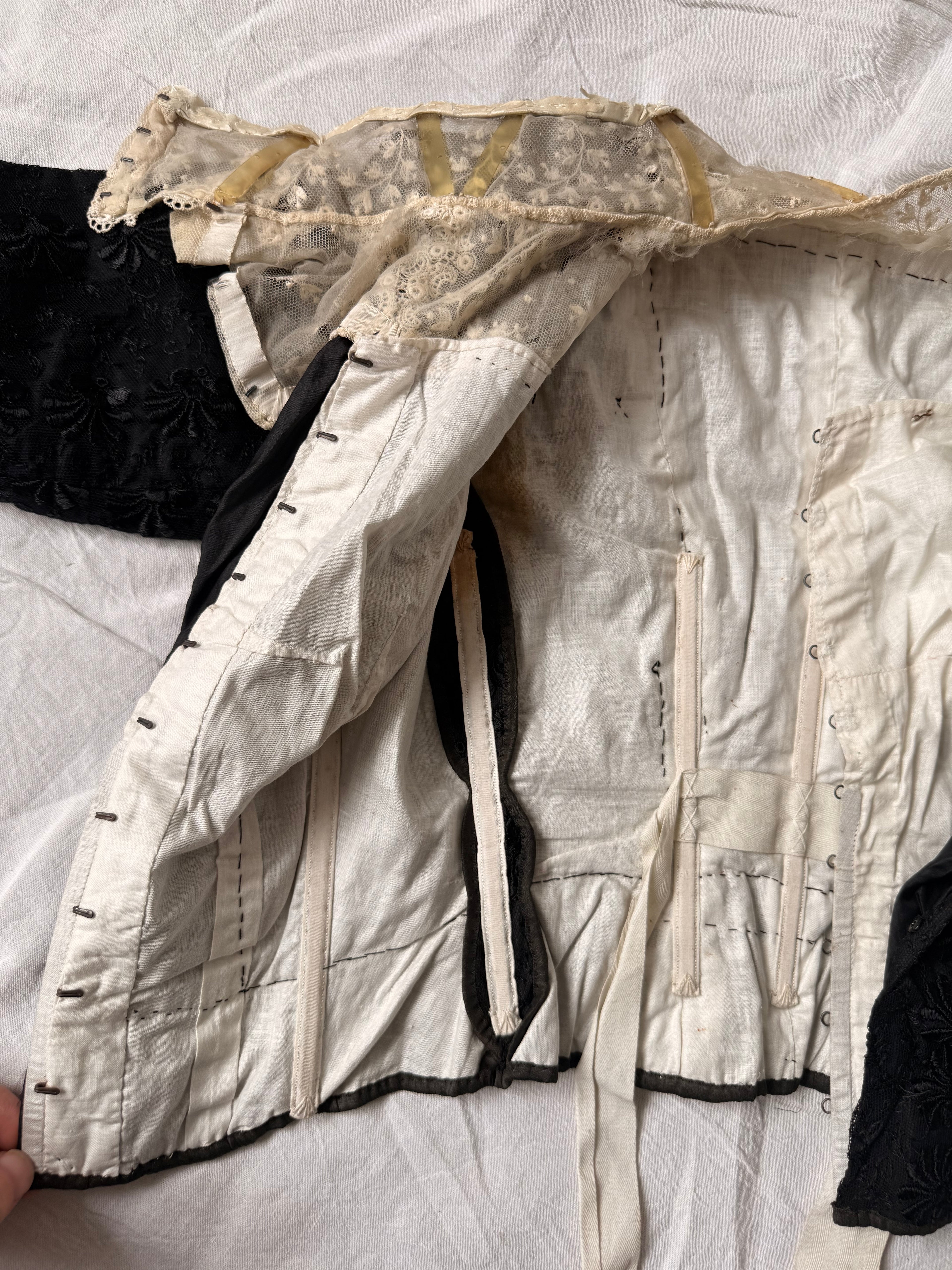 Victorian / Early Edwardian Black Silk & Lace Boned Bodice | Antique Embroidered Jacket | c. 1895–1910