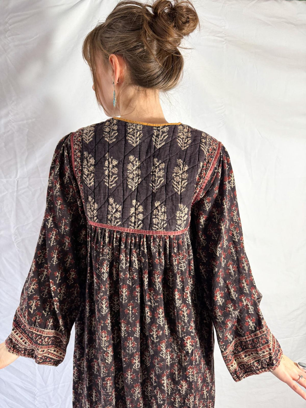 1970s Indian Block Print Cotton Dress with Quilted Yoke and Hem
