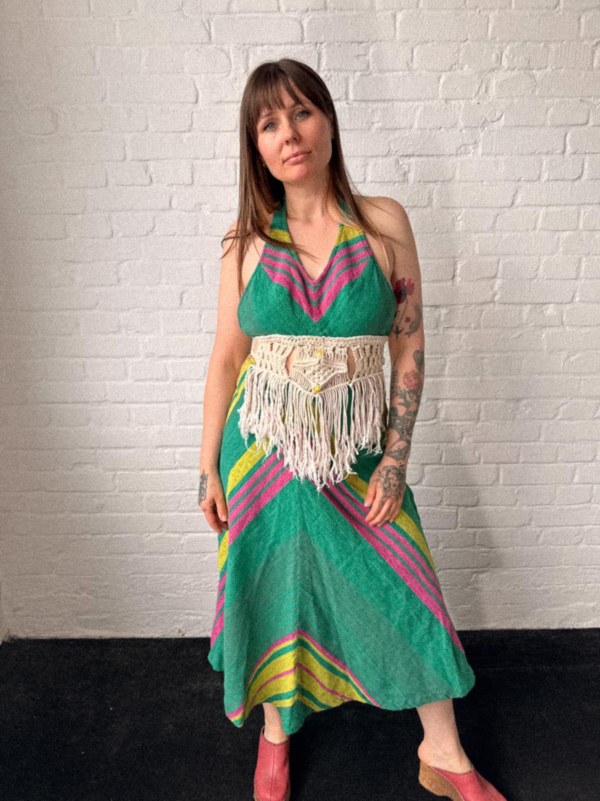 1970s Handwoven Halterneck Maxi Summer Dress with Macramé Fringe Waist Detail