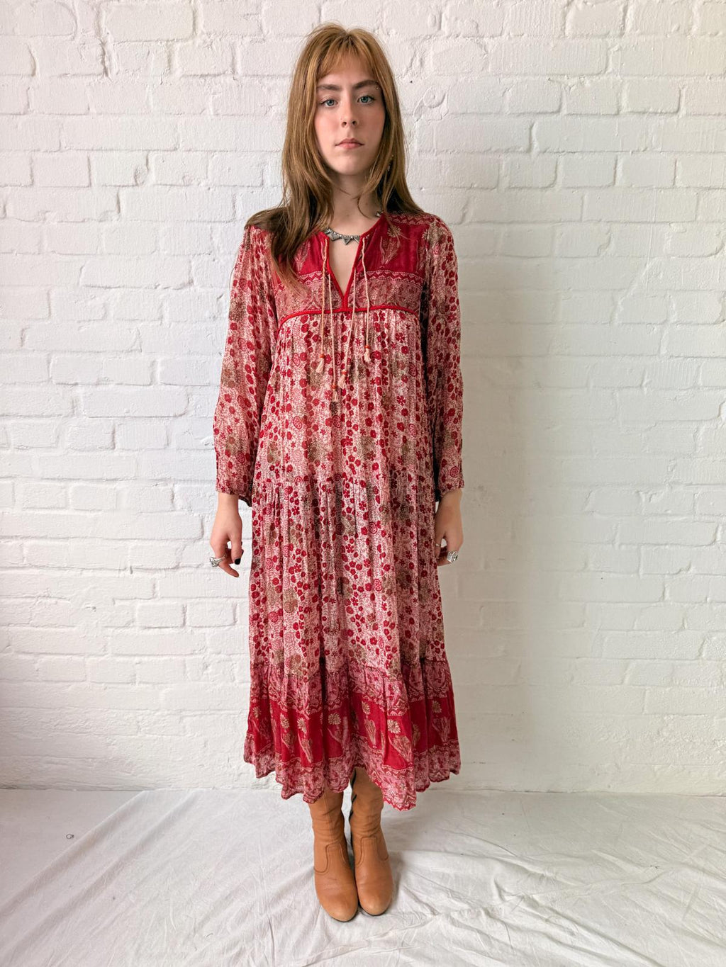 1970s Indian Cotton Gauze Floral Maxi Dress with Gold Stamping