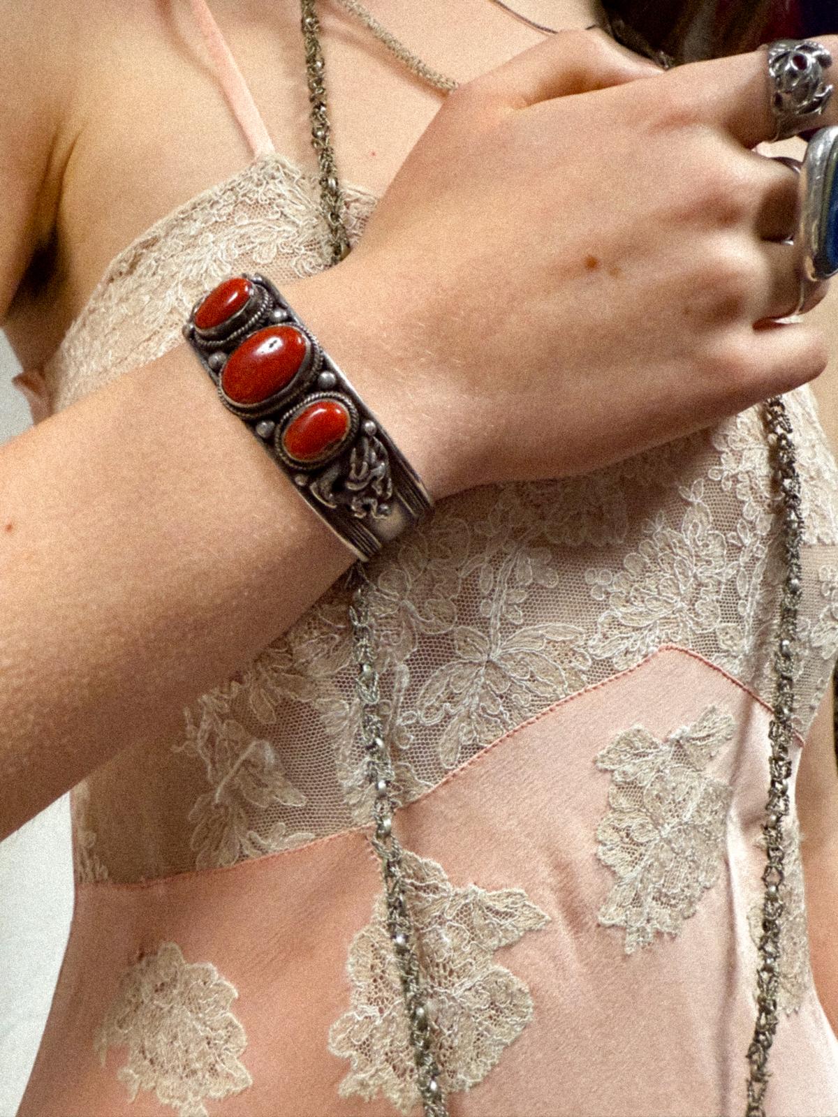 1970s Nepalese Silver & Coral Cuff with Dragon–Serpent Motif
