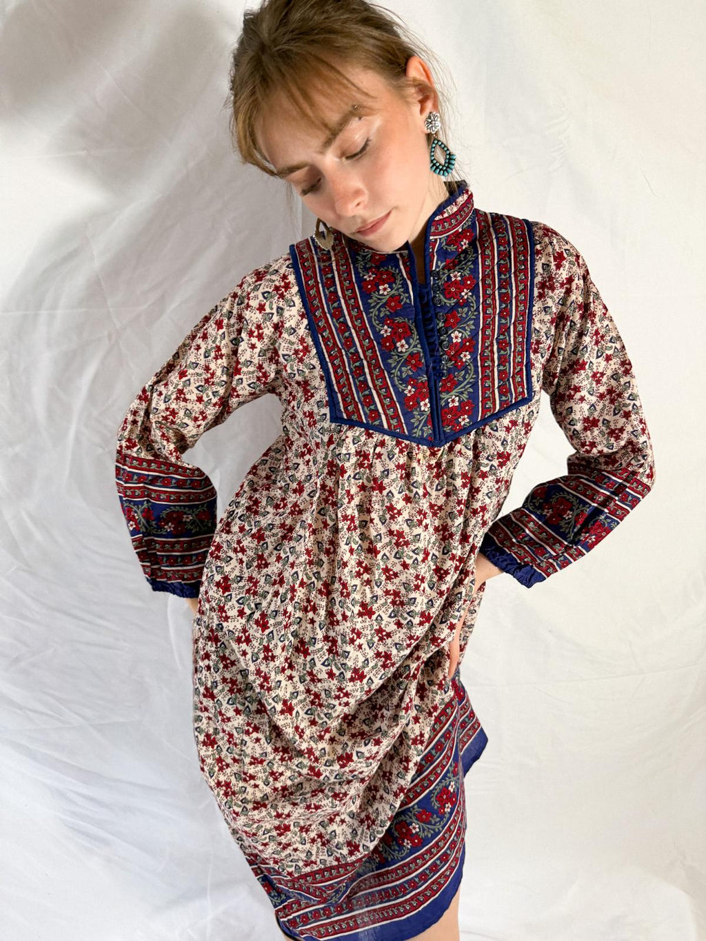 1970s-80s Blockprint Cotton Dress with Quilted Yoke