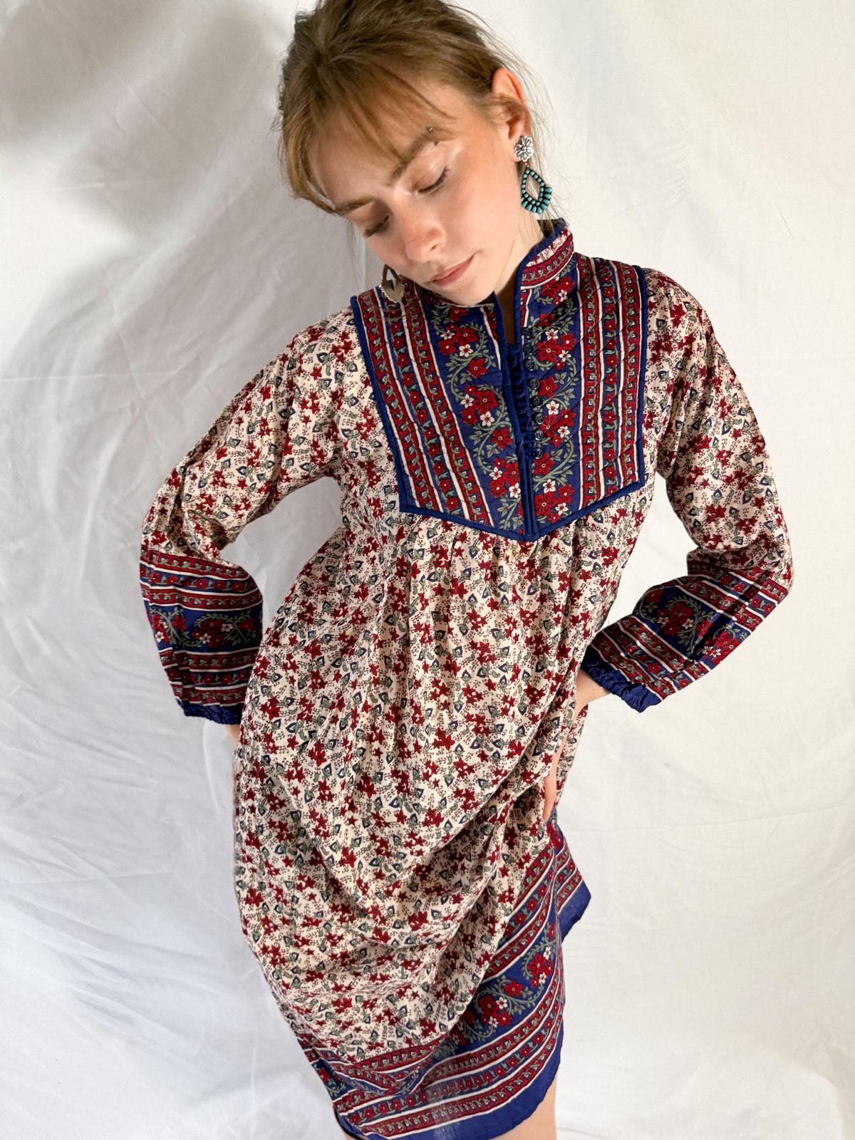 1970s-80s Blockprint Cotton Dress with Quilted Yoke