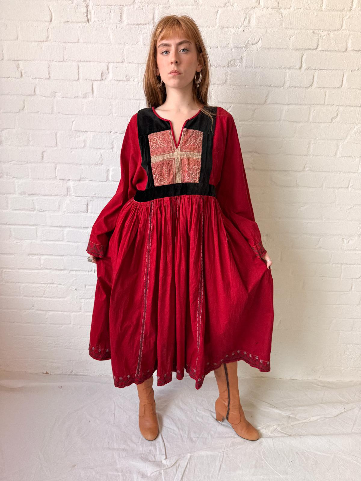 1970s Afghan Red Cotton Dress with Embroidered Yoke & Black Velvet