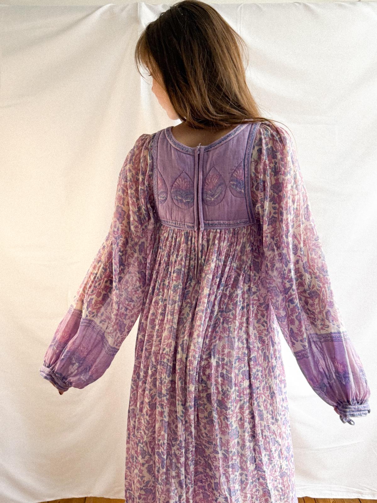 1970s Lavender Indian Cotton Gauze Dress with Quilted Yoke
