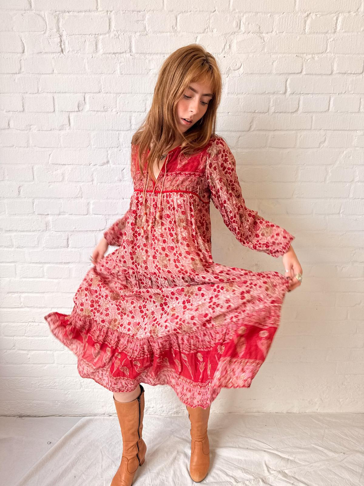 1970s Indian Cotton Gauze Floral Maxi Dress with Gold Stamping
