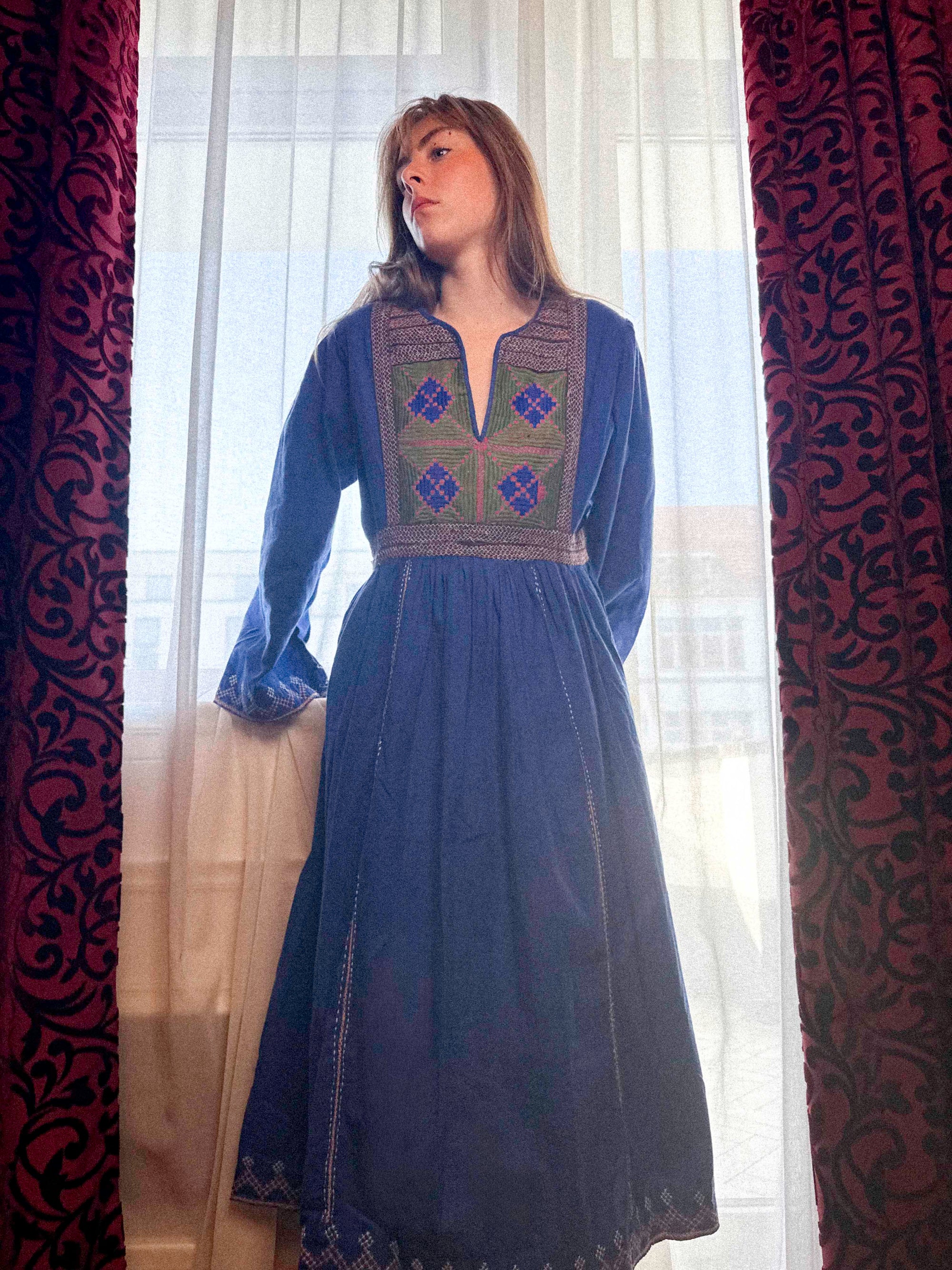 1970s Afghan Cotton Dress in Ultramarine Blue with Embroidery | Kabul Imports