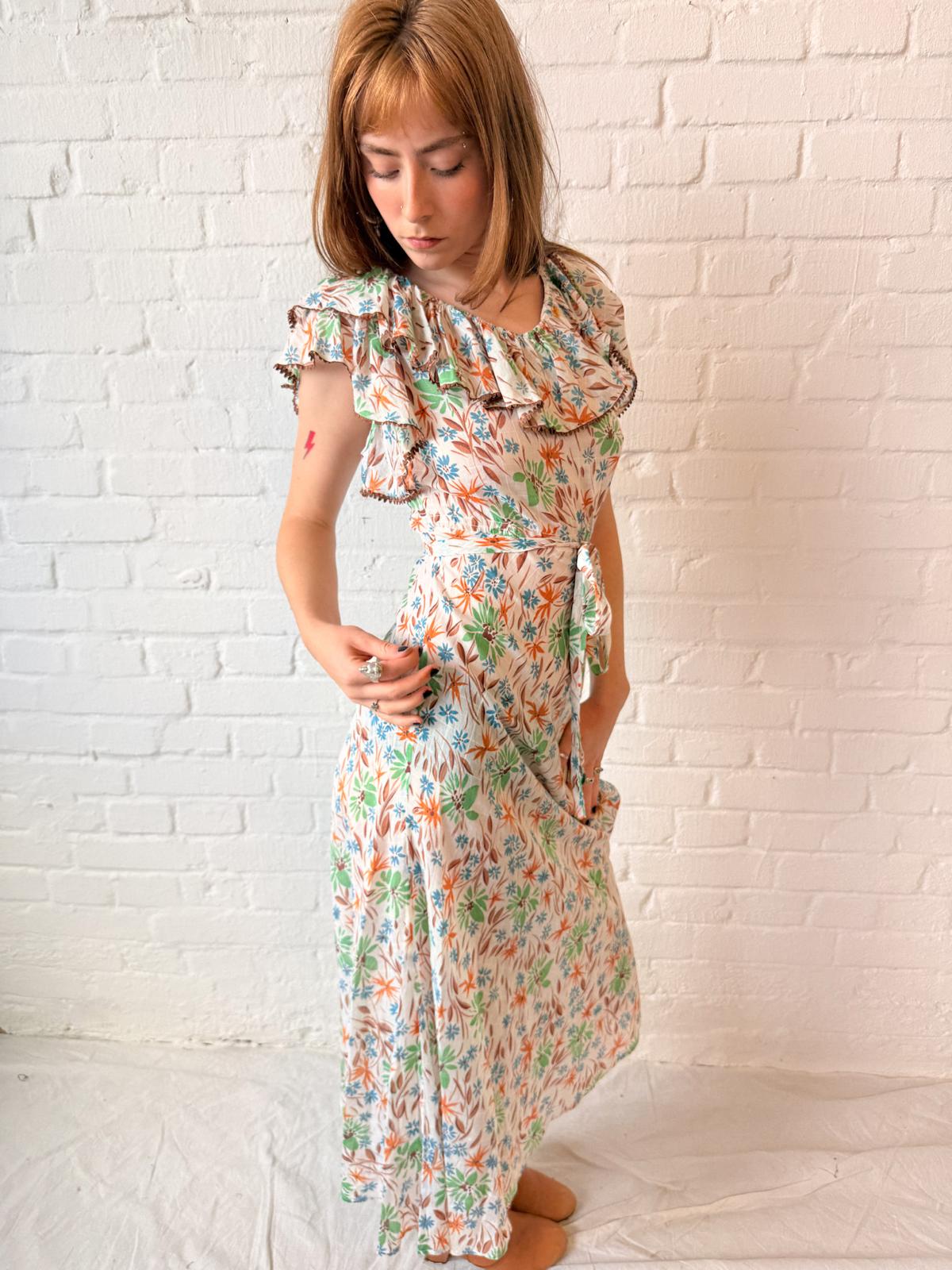 1930s Floral Cotton Voile Dress with Ruffled Neckline and Matching Belt