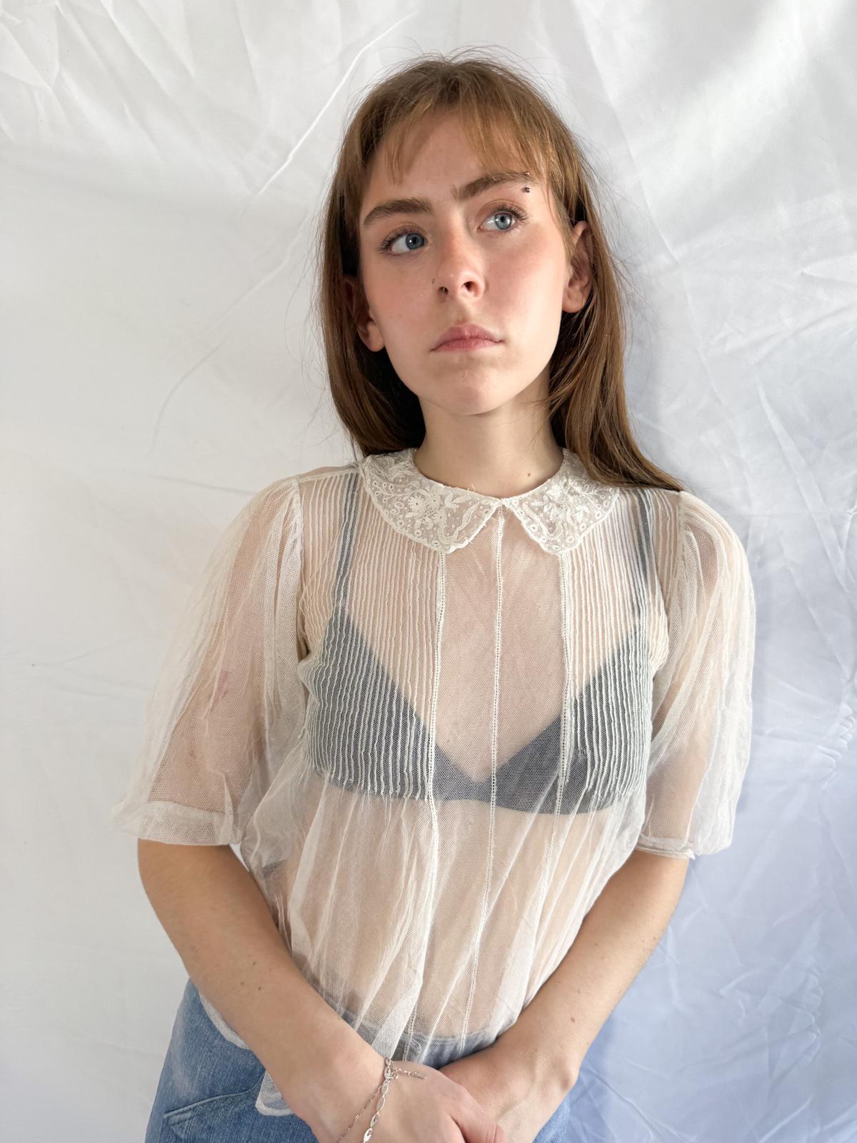 Edwardian / Early 1910s Sheer Tulle Blouse with Embroidered Collar