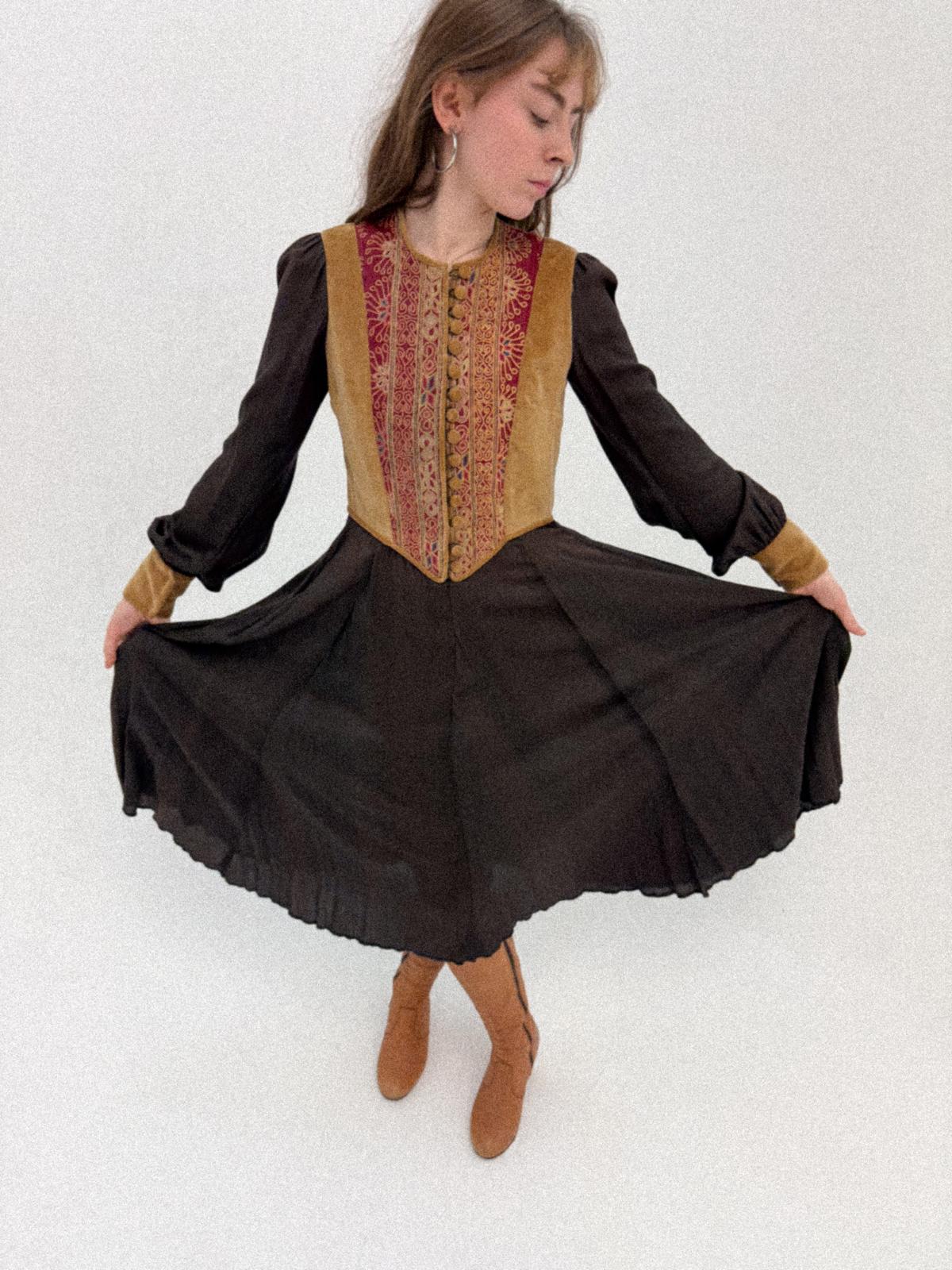 1960s–1970s Bohemian Folkloric Dress with Afghan-Inspired Embroidered Velvet Bodice