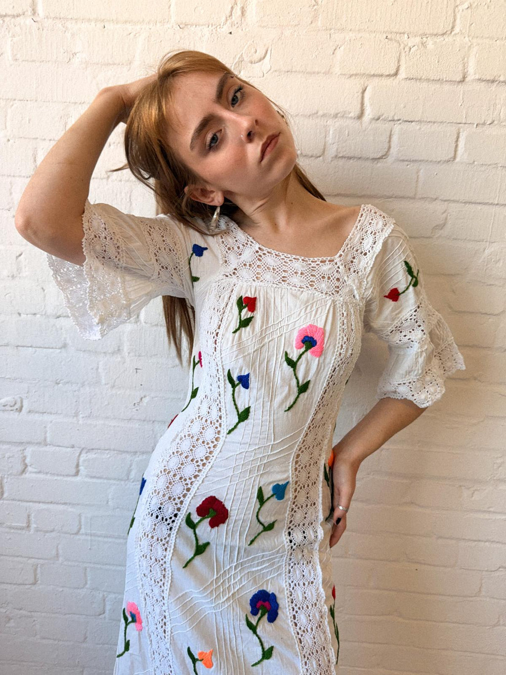 1970s Mexican-Style Embroidered Cotton & Crochet Maxi Dress