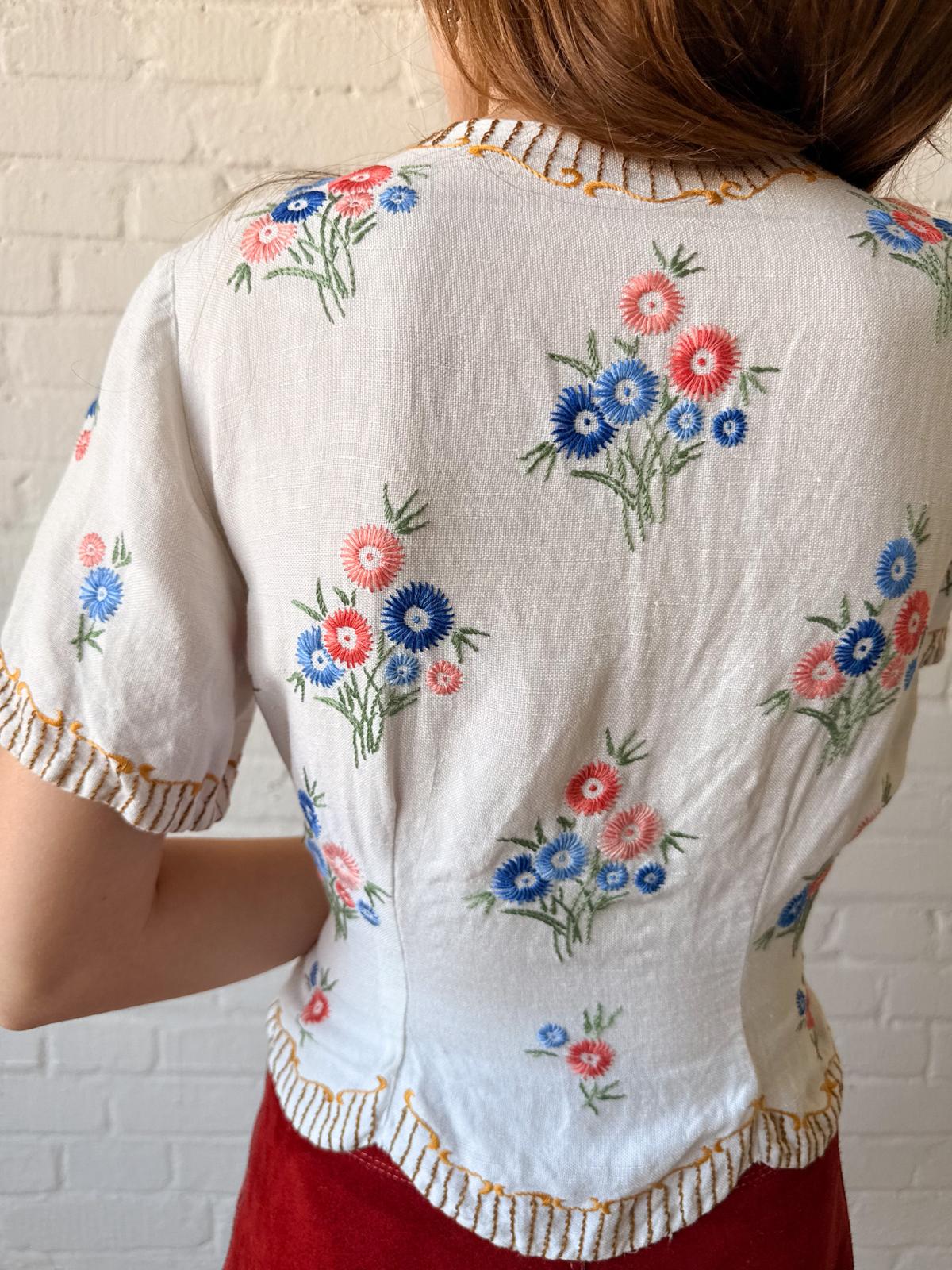 1940s–50s Embroidered Cotton Folk Trachten Blouse