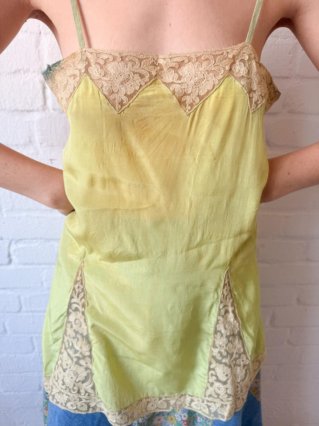 Antique 1920s Chartreuse Silk Lingerie Slip with Lace￼