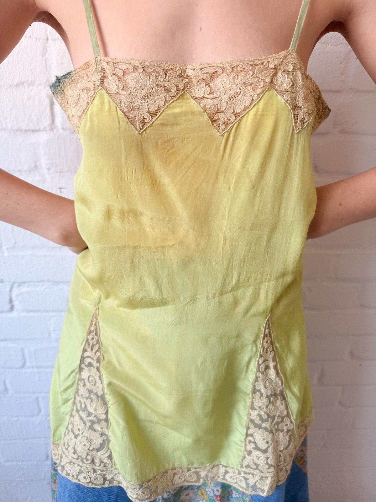Antique 1920s Chartreuse Silk Lingerie Slip with Lace￼