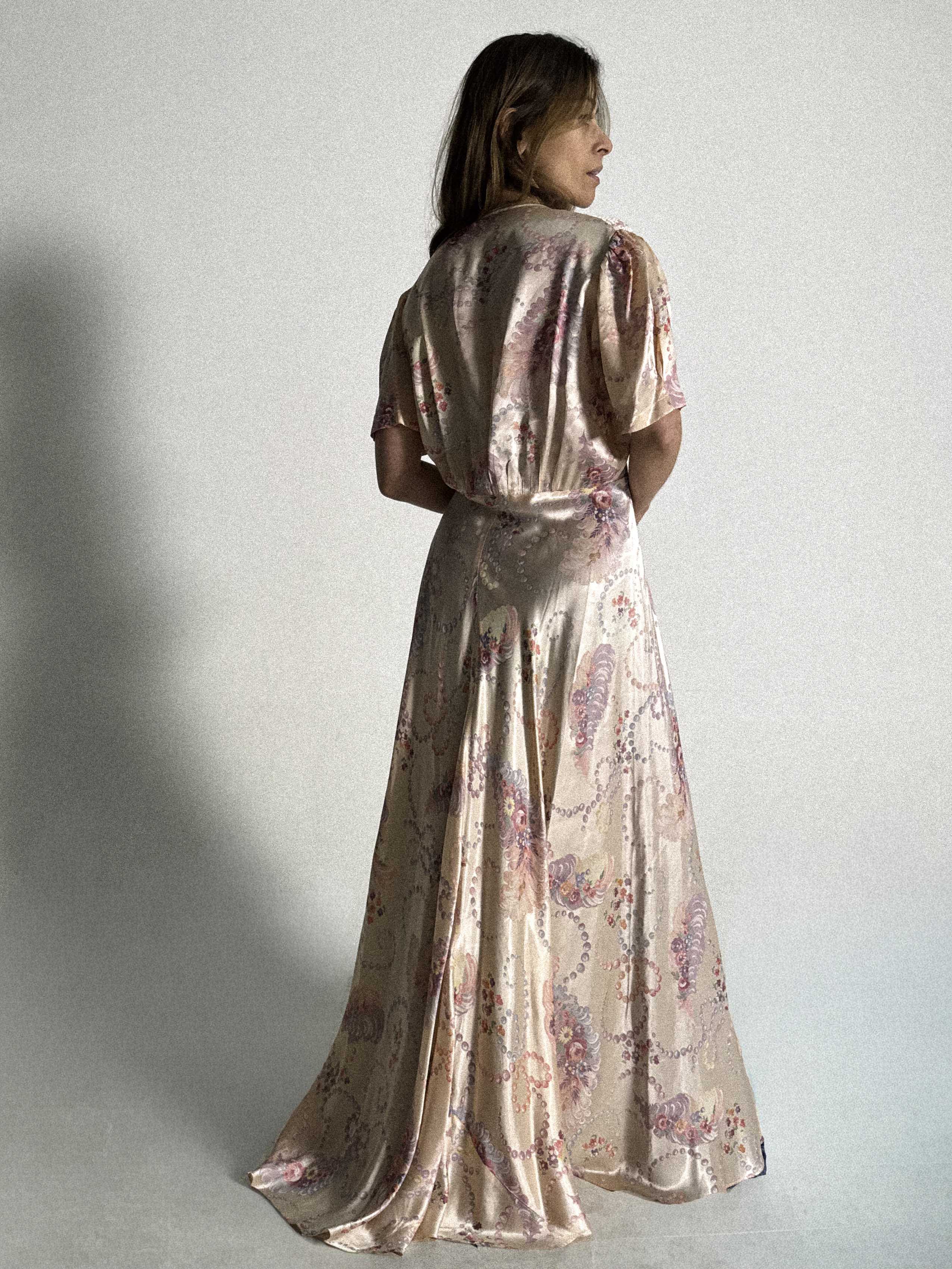 1930s–1940s Satin Peignoir Robe with Flared Panelled Skirt
