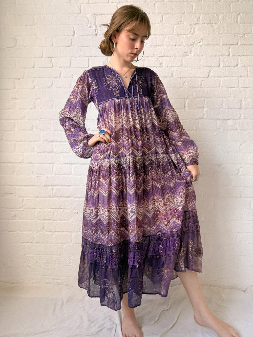 1970s Indian Cotton Gauze Maxi Dress with Tree Print and Gold Stamped Details
