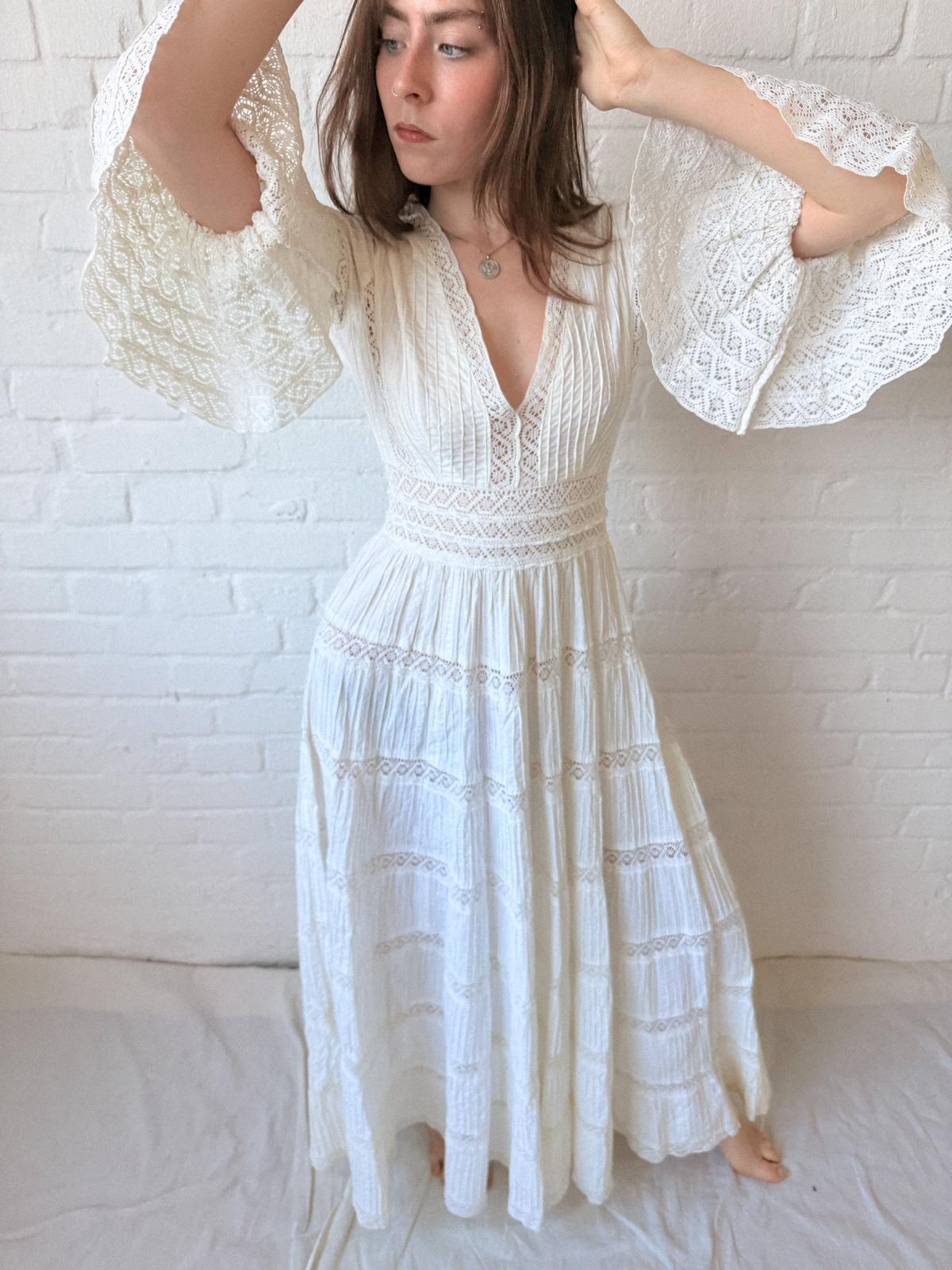 1970s Mexican Cotton and Crochet Lace Dress