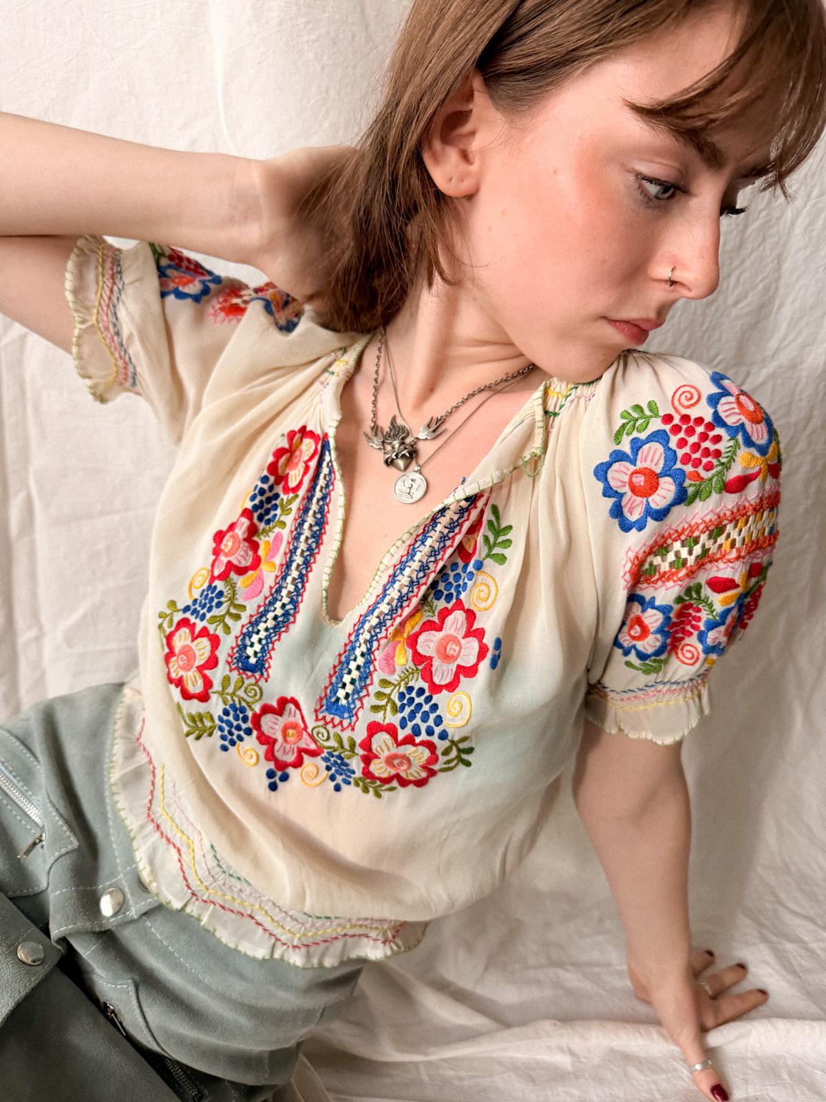 1930s–1940s Hand Embroidered Sheer Folk Blouse