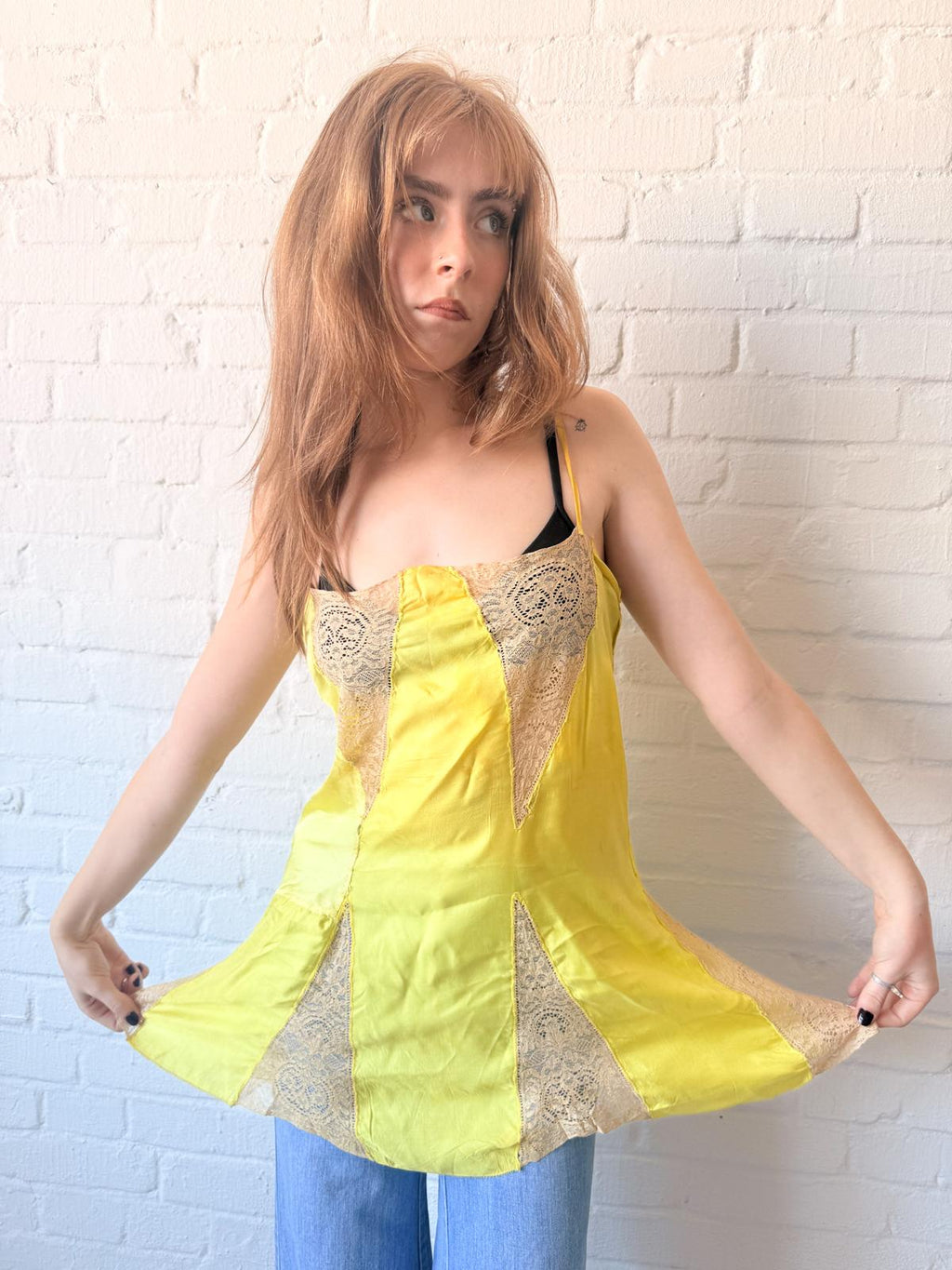 1920s Lemon Yellow Rayon Satin & Lace French Lingerie Slip