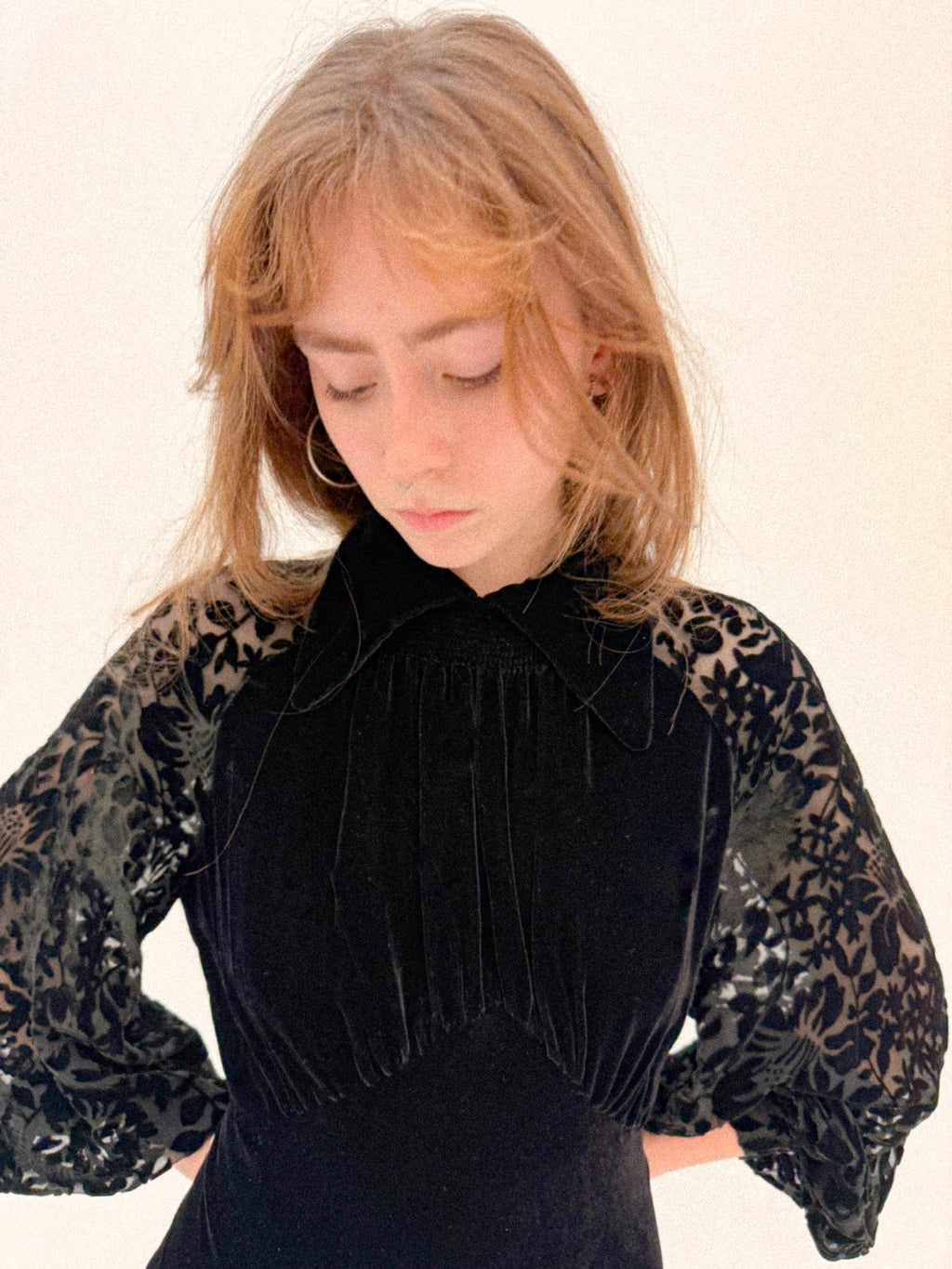 1930s Black Silk Velvet Bias-Cut Gown with Devoré Poet Sleeves