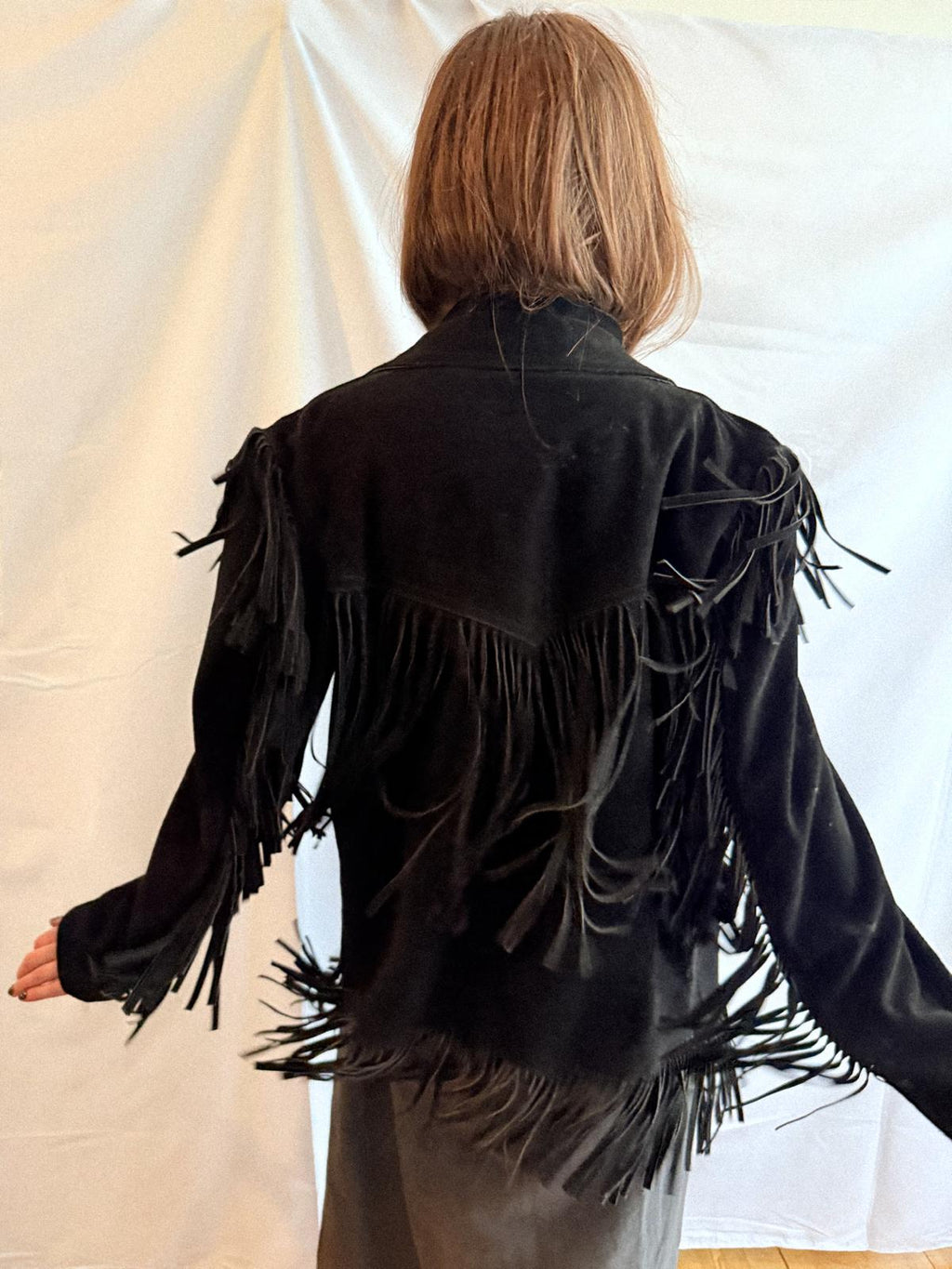 1970s/80s  Black Suede Fringe Jacket with Silver Conchos Unisex