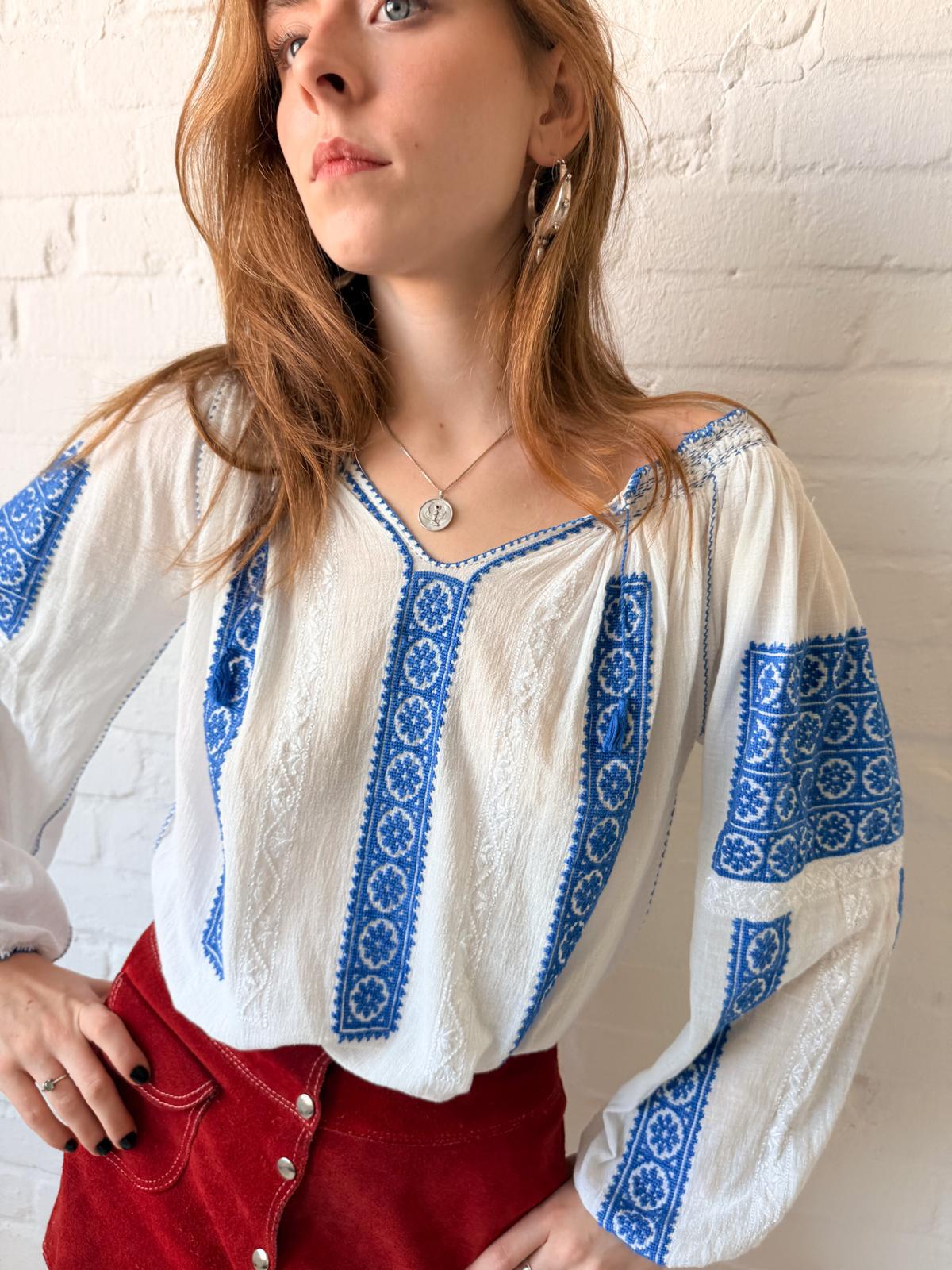 1960s–70s Eastern European Embroidered Cotton Folk Blouse