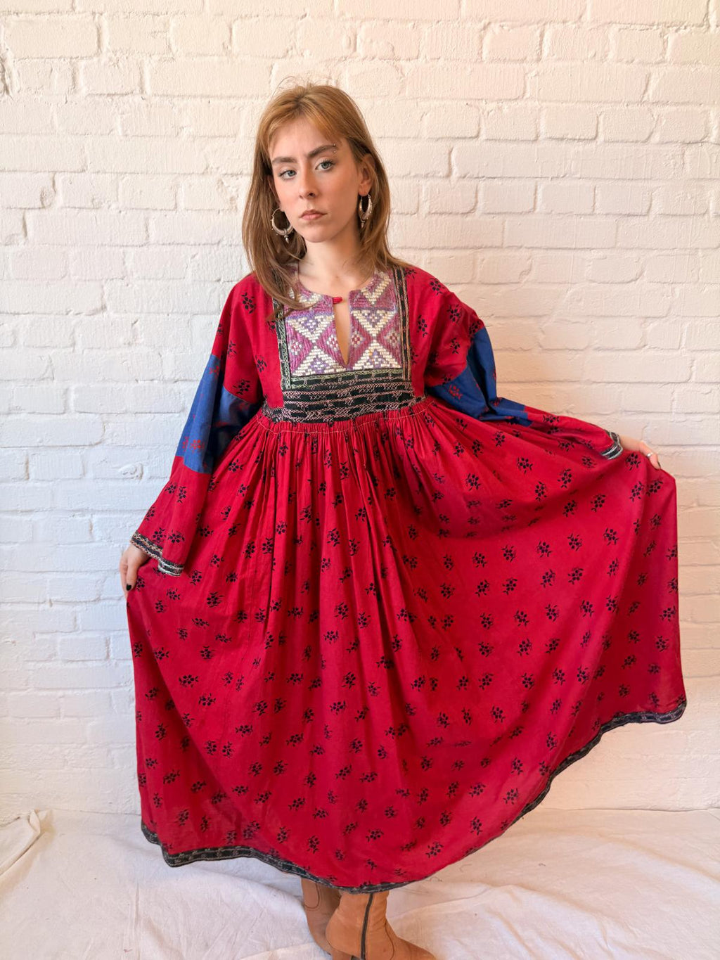 1970s Afghan Embroidered Maxi Dress – Red, Cobalt & Lavender