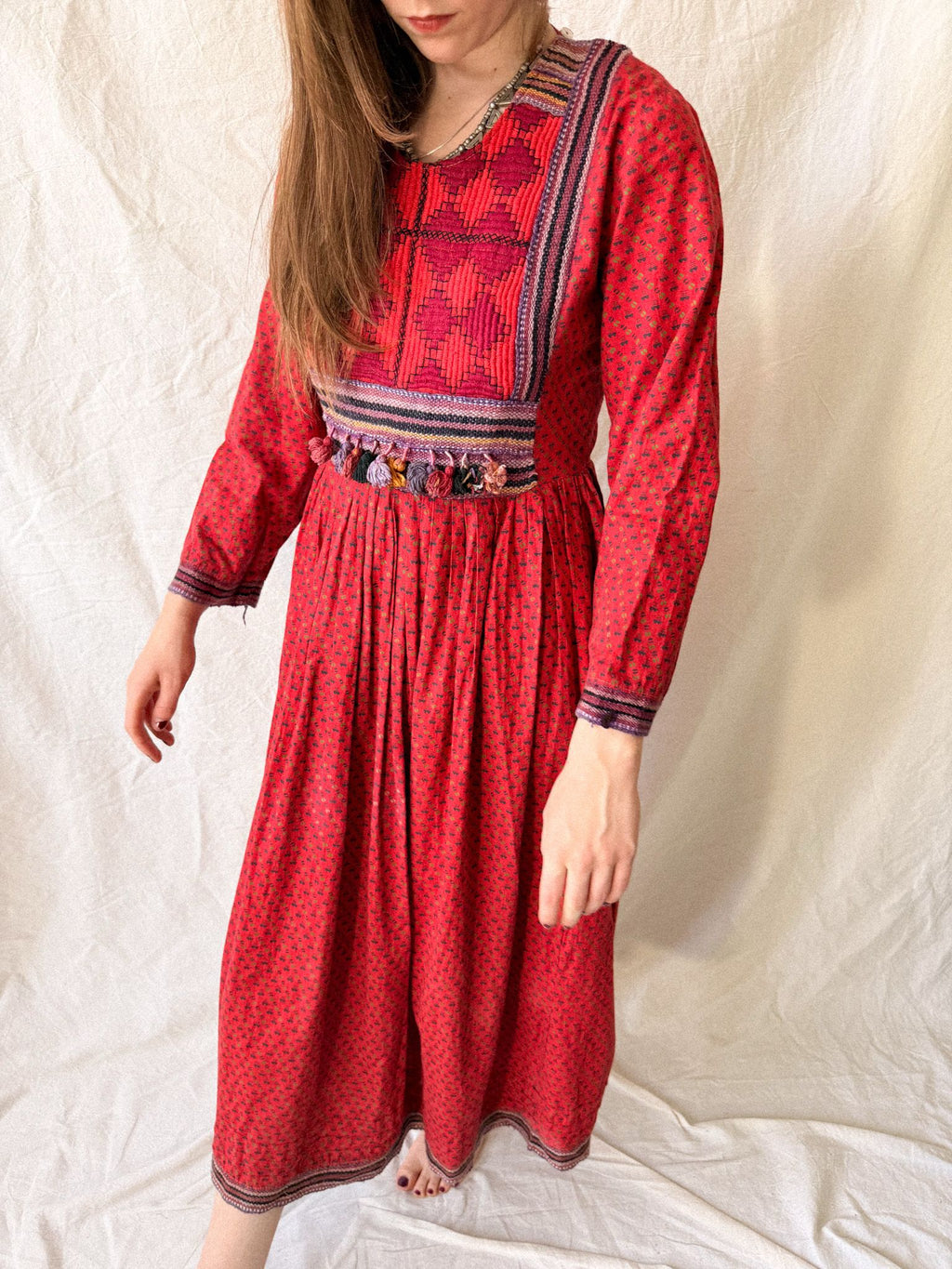 1970s Afghan Embroidered Cotton Folk Dress